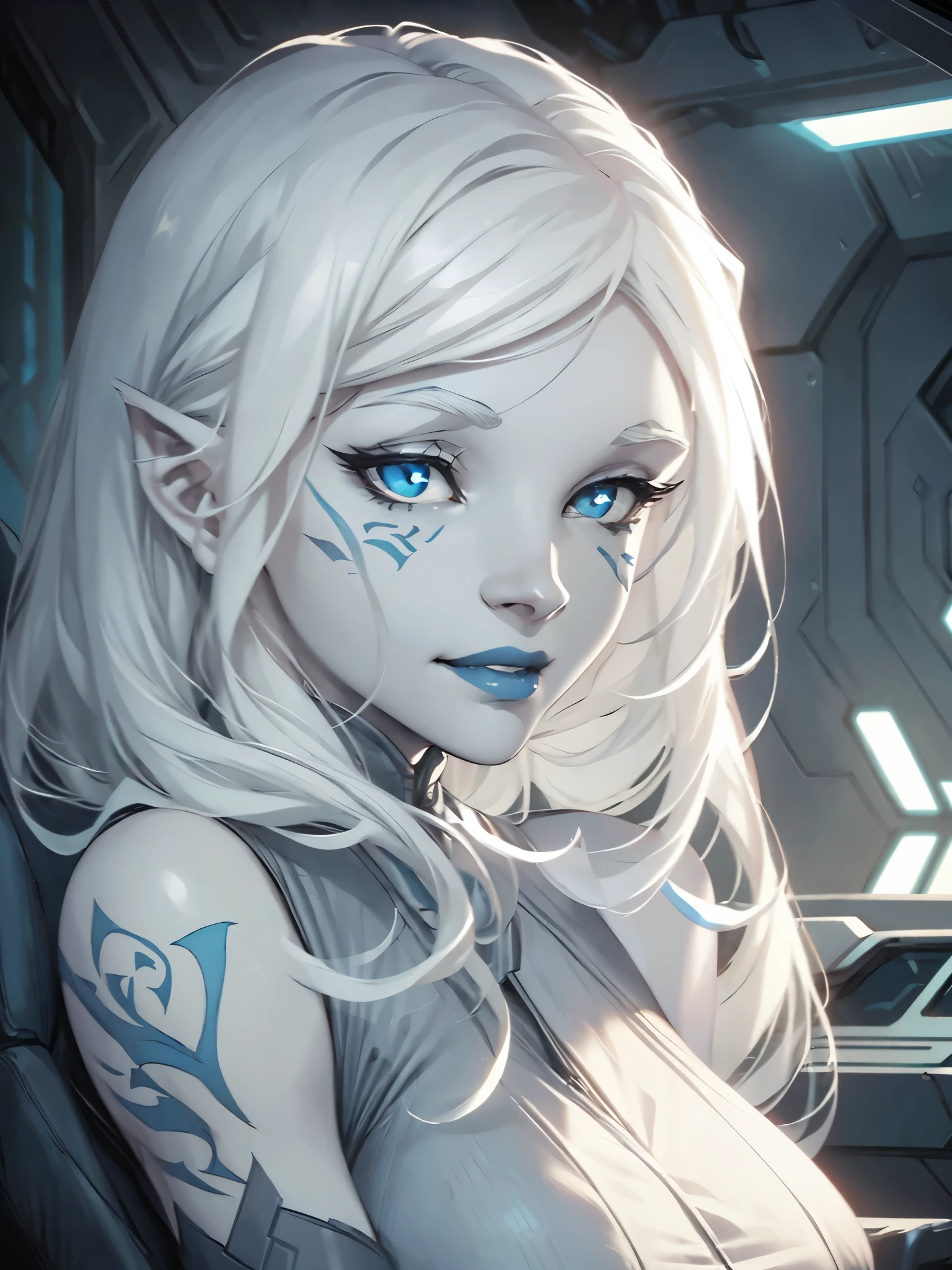 jarael, pale white skin, long white hair, ((blue lips)), medium breasts, cute smile, beautiful eyes, cheek tattoos, on a spaceship, star wars