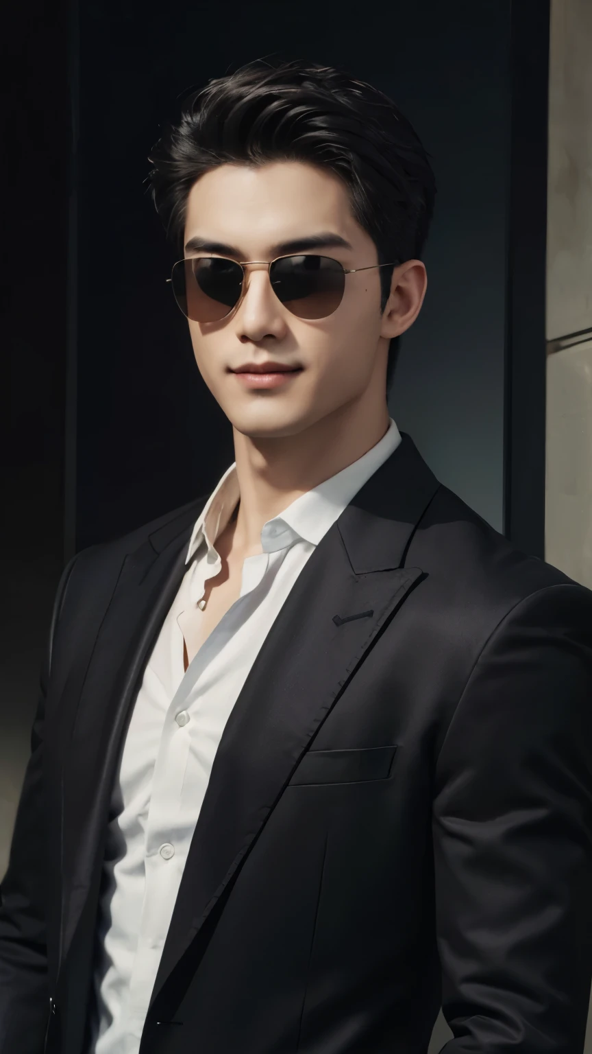 ((Men)), (head shot), (front view), (half body view), (Handsome muscular man in his 30s wearing black pilot sunglasses, and luxury black suit), zi wang (Prince chiu), Mischievous smile, (detail: 1 in 1), Natural muscles, HIG quality, beautiful eyes, (Detailed face and eyes), (Face、: 1 / 2), fresh lips, Noise, Real Photographics, ... ...................................................................................................PSD, Sharp Focus, High resolution (8K), realistic & Professional Photography, 8K UHD, Soft lighting, High quality, Film grain, FujifilmXT3