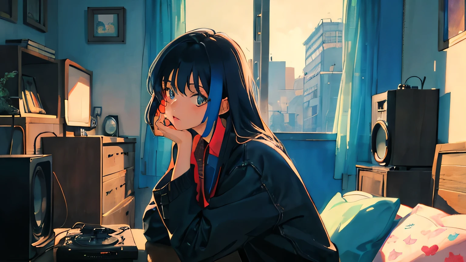 A masterpiece, top quality, a woman sitting by the window of an old apartment, enjoying LOFI music playing from a vintage record player, depicted in the 1980s Japanese anime style. Featuring a young woman with large expressive eyes, voluminous black hair with bangs, and casual, colorful clothing, the image should capture a nostalgic and dramatic mood with the saturated colors and detailed expressions characteristic of 1980s anime. Images are set in 16:9 aspect ratio.