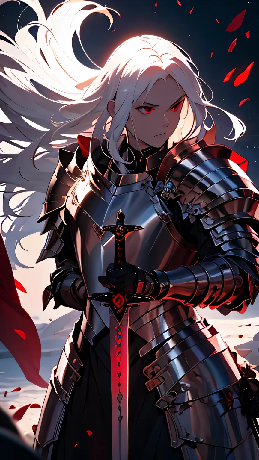 ((best quality)), ((masterpiece)), (detailed), perfect face, white skin, white hair, long hair, albino male, knight, black great sword, big sword, red armor, luxurious armor, fantasy, Fantastic light, world of swords and magic, detailed hands, Gloomy expression, A magic swordsman with great magical powers hidden within, Long white hair blowing in the wind, textured skin, high quality, highres, 8k, reflection light, dark fantasy