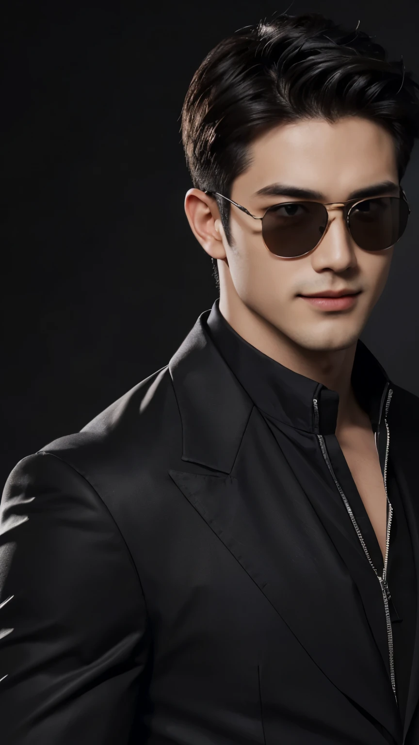 ((Men)), (head shot), (front view), (half body view), (Handsome muscular man in his 30s wearing black pilot sunglasses, and luxury black suit), zi wang (Prince chiu), Mischievous smile, (detail: 1 in 1), Natural muscles, HIG quality, beautiful eyes, (Detailed face and eyes), (Face、: 1 / 2), fresh lips, Noise, Real Photographics, ... ...................................................................................................PSD, Sharp Focus, High resolution (8K), realistic & Professional Photography, 8K UHD, Soft lighting, High quality, Film grain, FujifilmXT3