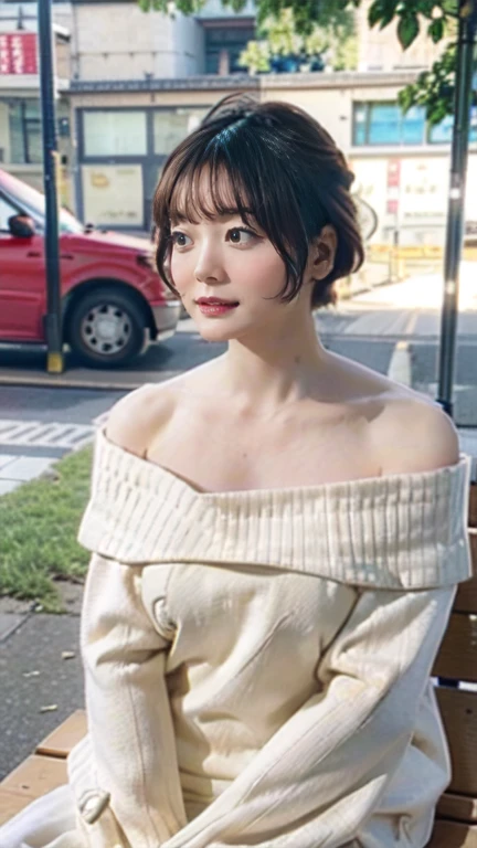 kana hanazawa,
One Woman,
Small flower petal hair ornament,
Natural skin texture,
White((Off-the-shoulder sweater)),
Upright posture,Sit on a bench,
Late Night,Bus Stop,
Big Breasts,valley,expression(Straight face),Muscular shoulders,From the side,
Beautiful image quality,Delicate shades,4K,Very detailed,