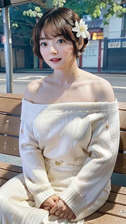 kana hanazawa,
One Woman,
Small flower petal hair ornament,
Natural skin texture,
White((Off-the-shoulder sweater)),
Upright posture,Sit on a bench,
Late Night,Bus Stop,
Big Breasts,valley,expression(Straight face),Muscular shoulders,From the side,
Beautiful image quality,Delicate shades,4K,Very detailed,