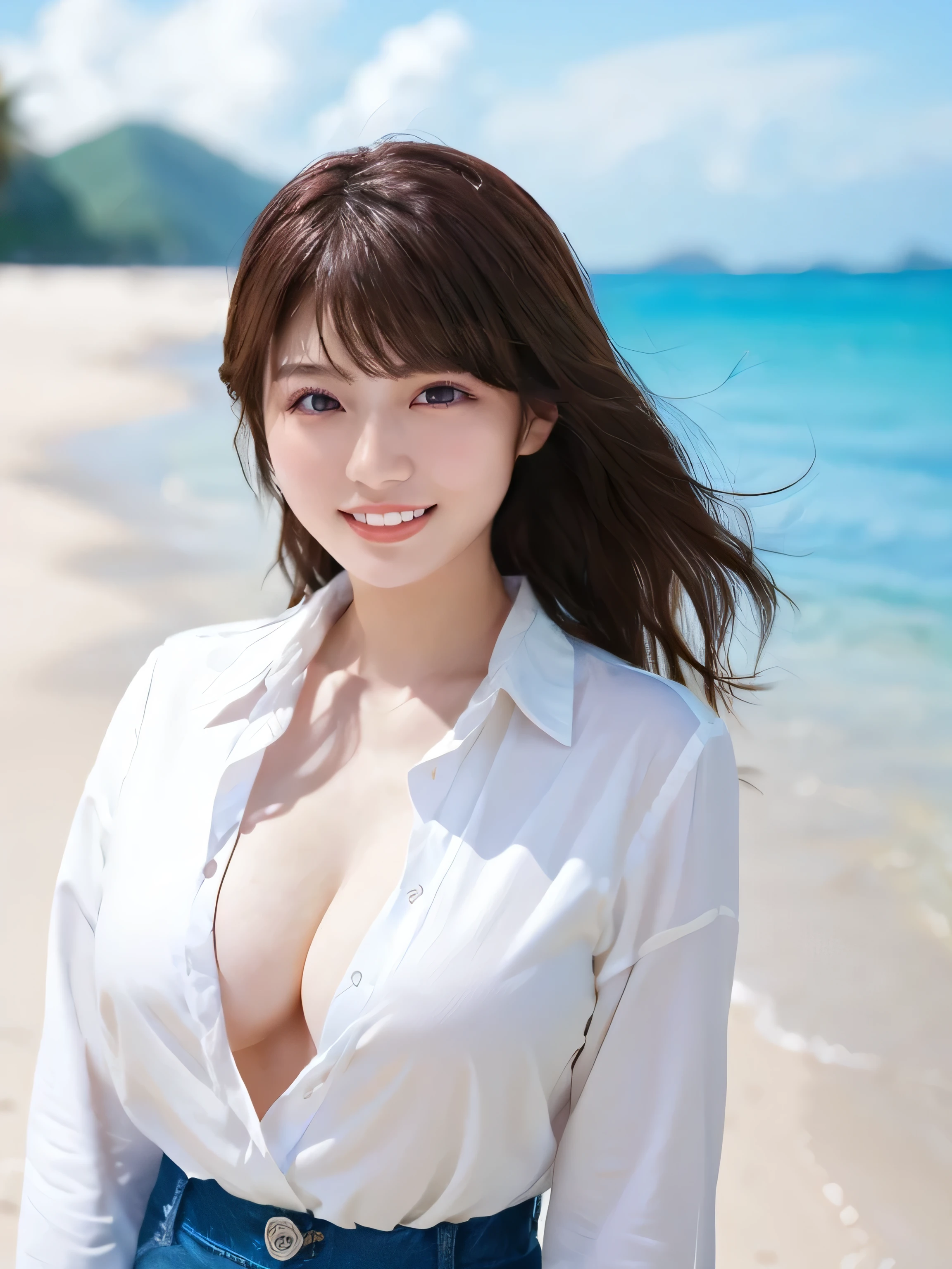 (highest quality、masterpiece、8k、Best image quality、Hyperrealism、Award-winning works)、1 high school girl、(The most natural and perfect white polyester long sleeve collared shirt:1.2)、(Naked and wearing only a polyester shirt:1.1)、(Naked lower body:1.2)、(barefoot:1.1)、Full body photo、(Standing Elegantly:1.1)、(beautiful thick legs:1.1)、(Big Breasts:1.1)、(Cleavage:1.2)、Attractive body、White shiny shirt、(Standing elegantly on the shore:1.1)、The best smile he had when he saw me、Strongly blurred background、Detailed depiction of the ocean、(Beautiful Hiroshi々Standing on a secluded beach:1.1)、Beautiful sunny sky、Vivid and beautiful sky、Beautiful cumulonimbus cloudost clear, The most beautiful and vibrant sea:1.1)、The most realistic and complex backgrounds、Crystal clear sea、Very bright、Upper body photo、(Accurate anatomy:1.1)、Accentuate your body lines、Perfect Makeup、Long eyelashes、Bright lipstick、Glossy lips、Ultra HD glossy skin、(Ultra-high resolution, bright and beautiful skin:1.1)、Ultra-high definition glossy lips、Ultra-high resolutionの美しい歯、(Very bright and vivid:1.1)、(Bright and glowing skin:1.1)、(Bright and shiny shirt:1.1)、Beautiful horizon