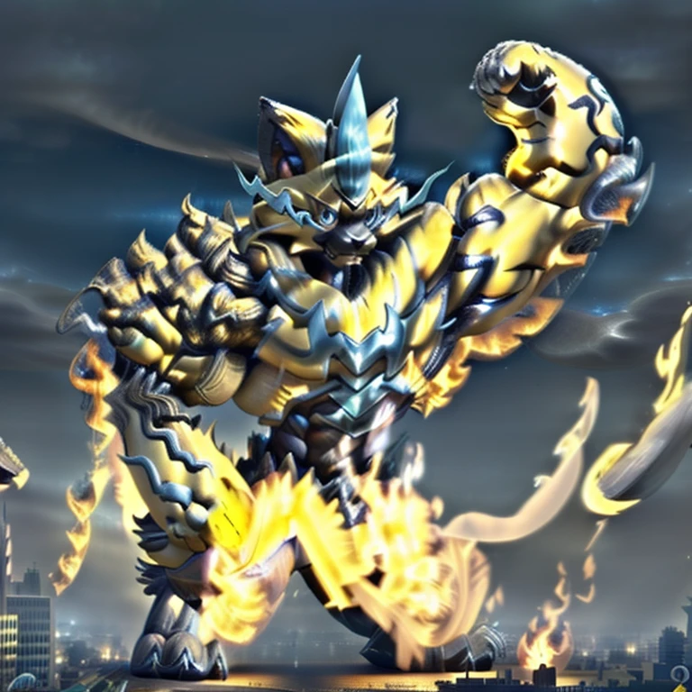 (masterpiece. official art. 8k. best quality. detailed full body. full body.)

(situation 1 : dominating zeraora. Zeraora is over 1000 meters long. giant mechanical Muscular Zeraora is trampling the city. Looking down. macro. stomp)

(situation 2 :smoke and flames rising from the destruction in the city)