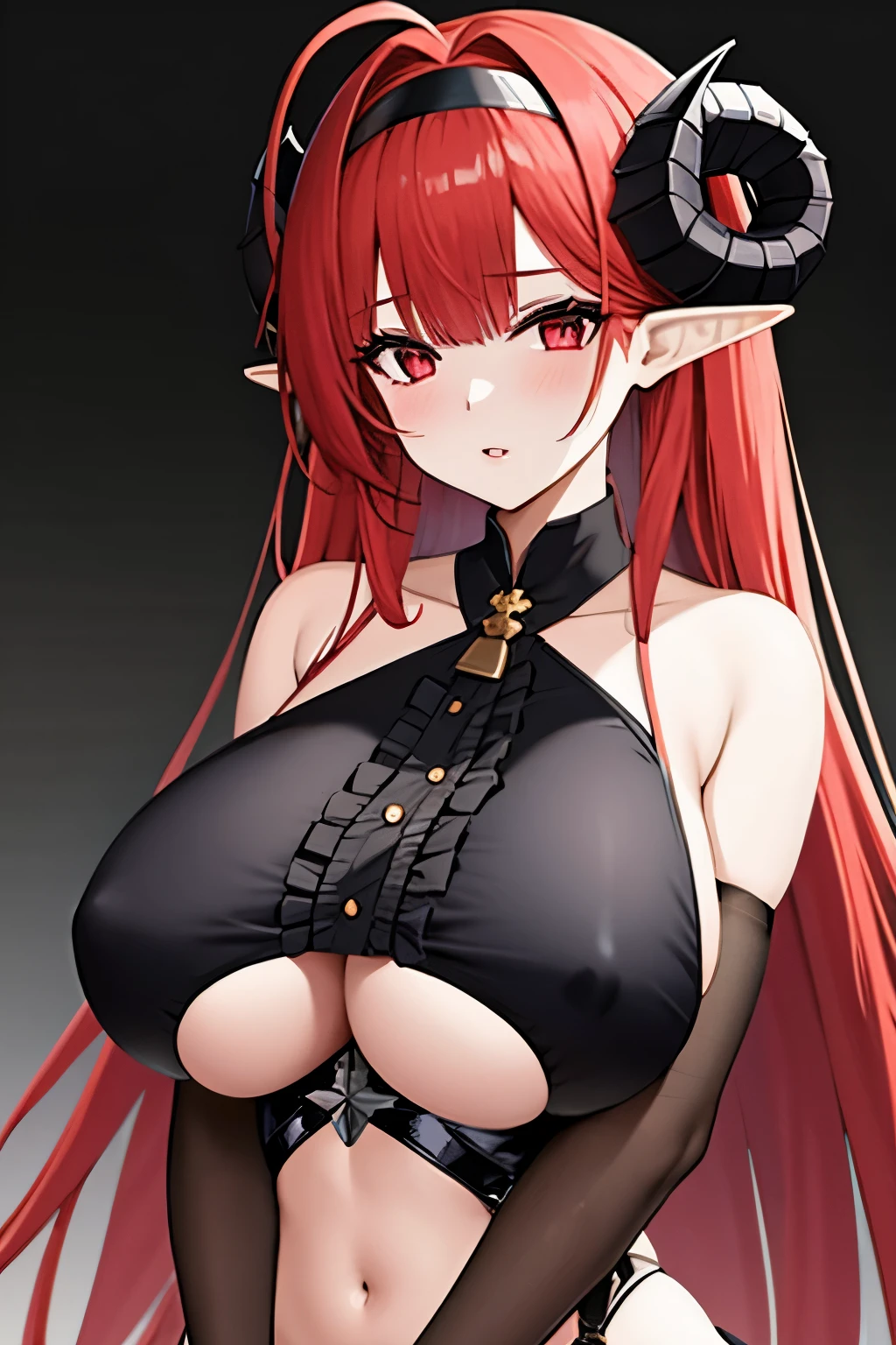 1girl, pointy ears, horns, solo, red hair, long hair, red eyes, bare shoulders, looking at viewer, huge breasts, gloves, elbow gloves, ahoge, hairband, black gloves, underboob, upper body, demon girl, hair intakes, very long hair, frills, slit pupils, parted lips,(shiny skin),(mature female:1.2),hindenburg \(azur lane\),