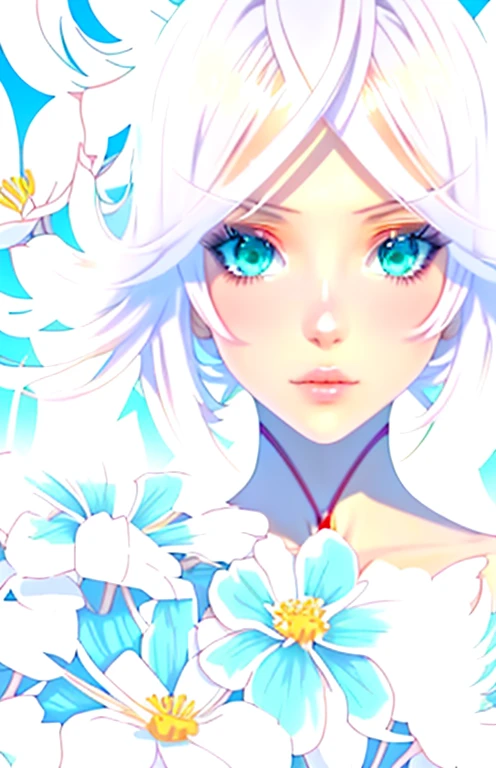 Holding a bouquet of white flowers,flower reality，striking, (8K、best quality:1.3), (Realistic anime girl rendering, Realistic anime 3D style), (1 Neutral Girl), (Very pretty 18 year old androgynous girl), (charming, small:1.3), Symmetrical perfect face shape, Bangs, Dark green eyes, Realistic eyes, beautiful eyelashes, Melancholy expression, （red short hair）,Accurate and natural, Perfect anatomical structure, The skin is very delicate, Has upper body shape，White lace，dress without sleeve, Bare shoulders, With seaside as background，Sunshine，Recolor。