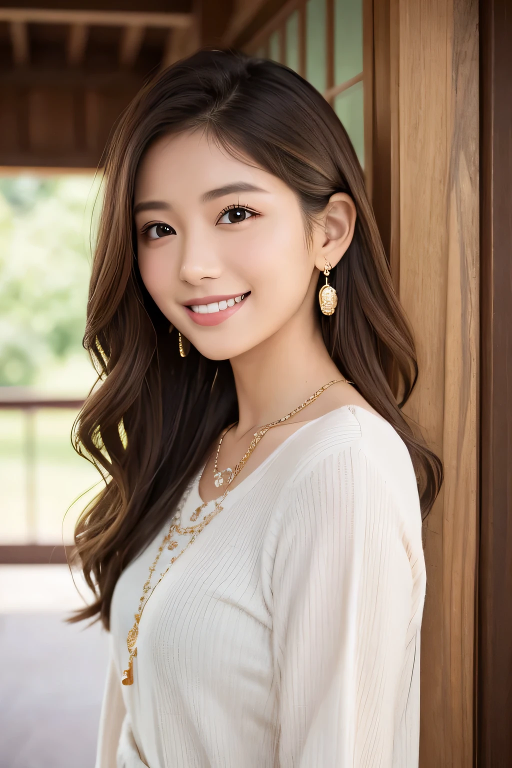 19Young Woman of Age、 Japanese women、Light brown hair、Wavy Hair、short hair、ear piercing、Necklace around the neck、blouse、smile, Beautiful teeth alignment、Intricate details, Very detailed:1.2), 、 Looking into the camera,The background is in the room