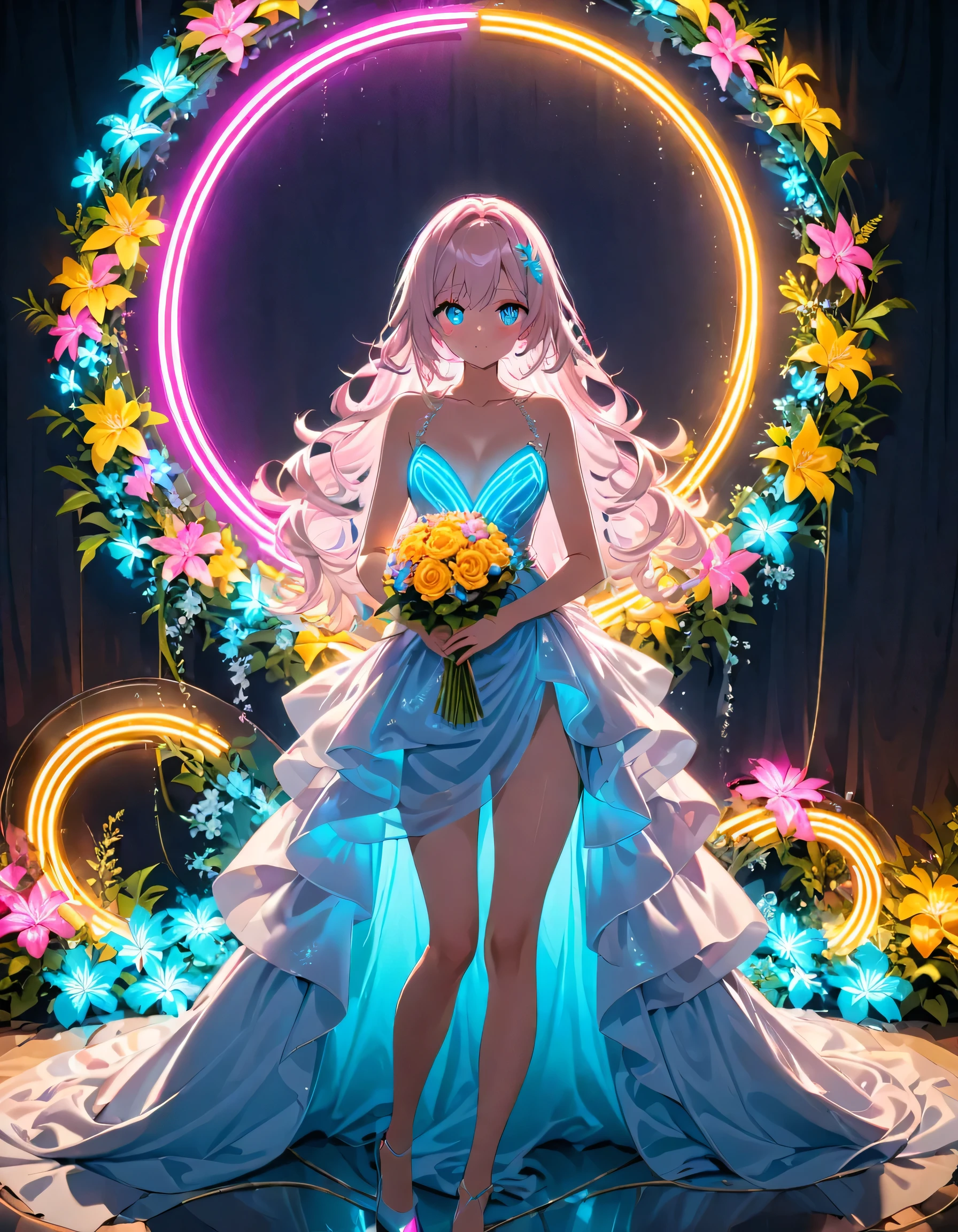 composition, Thematic, Light Staging, The background is simple, Standing in a neon voluminous evening dress with a long train, Very impressive and beautiful. , View your viewers, Holding a bouquet of neon flowers. Hair and eyes glow with neon lights