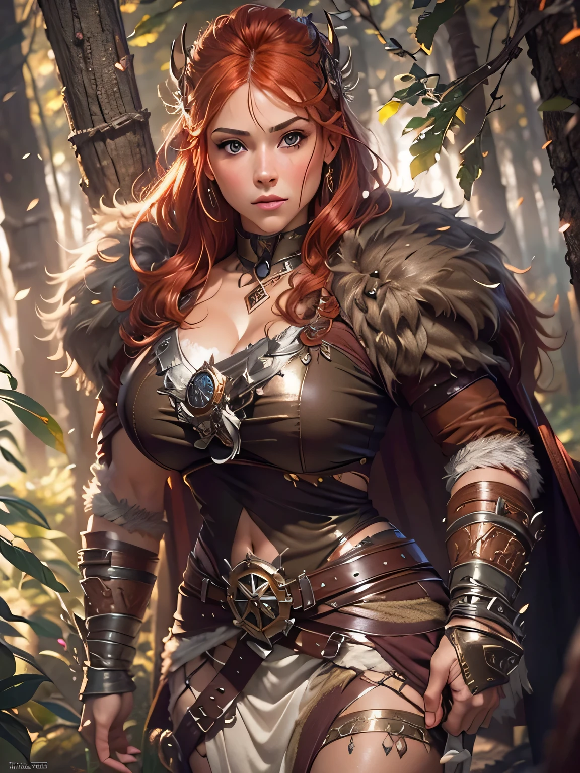 Masterpiece, best quality, brilliant details, cinematic lighting, exciting perspective, young pretty woman, beautiful face, perfect eyes, big firm breasts, perfect proportions, norse type, cameltoe, cinematic pose, red hair, viking warrior, nordic forest