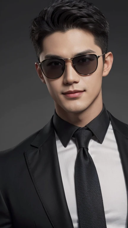 (Men)), (head shot), (front view), (half body view), (Handsome muscular man in his 30s wearing black pilot sunglasses, and luxury black suit), zi wang (Prince chiu), Mischievous smile, (detail: 1 in 1), Natural muscles, HIG quality, beautiful eyes, (Detailed face and eyes), (Face、: 1 / 2), fresh lips, Noise, Real Photographics, ... ...................................................................................................PSD, Sharp Focus, High resolution (8K), realistic & Professional Photography, 8K UHD, Soft lighting, High quality, Film grain, FujifilmXT3