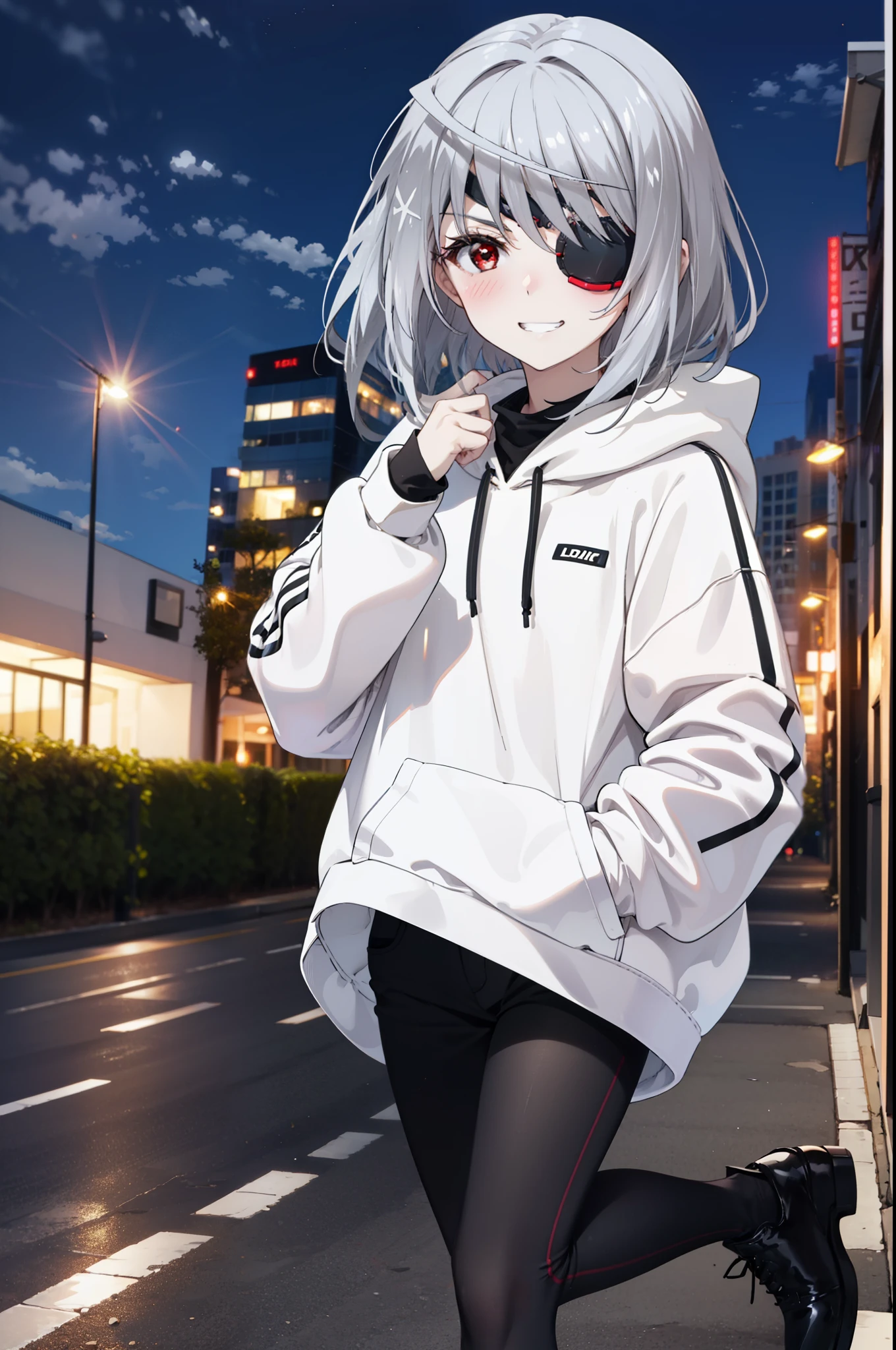 Laurabodewig, Laura Bodewig, Long Hair, (Red eyes:1.3), Grey Hair, Eye patch,smile,blush,Grin,Oversized black hoodie,Short denim,Black pantyhose,short boots,Daytime,Clear skies,Walking,whole body,
break outdoors, Building district,
break looking at viewer, whole body,
break (masterpiece:1.2), highest quality, High resolution, unity 8k wallpaper, (figure:0.8), (Beautiful fine details:1.6), Highly detailed face, Perfect lighting, Highly detailed CG, (Perfect hands, Perfect Anatomy),