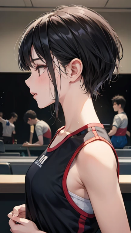 Bobcut、Black-haired 、Sweating at the gym、Back view、Desperate form、Sweaty、indoor、Many other guests、Wearing a jersey、No exposure、in motion、Grit your teeth