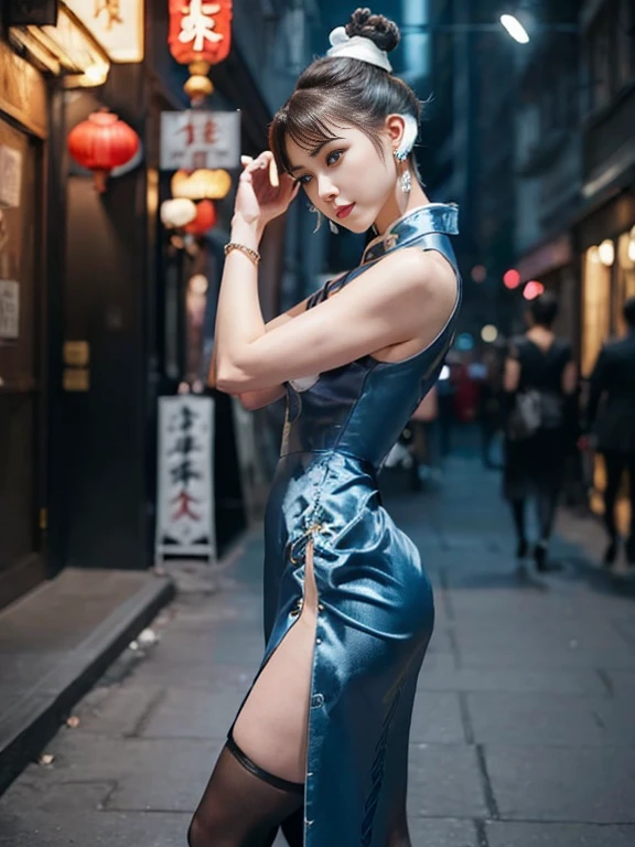 (((Fallen and lying))),"(Exquisitely drawn CG Unity 8k wallpaper, Masterpiece quality with stunning realism), (Best lighting, Best Shadow), (highest quality), (Elegant and devilish style:1.2), Artistic modern anime. Diagonal view, A close-up full-body portrait of a stunningly beautiful mature Chun-Li from Street Fighter。 ((Dark brown hair:1)), ((White lace-up boots:.5)), Dynamic pose, (Blue Chinese Dress:1.5), Great body, in china at night with neon lights, Shy and timid、Frivolous、sexy、Cute expression, the body is slim, Very decorative and detailed, Brown see-through pantyhose, Depth of field blur effect, night, Full Zoom, Action Portrait, Realistic. Cinema Lighting, Very detailed. highest quality, 4K, Better Hands, Perfect Anatomy, Shortening effect, Shy and timidsexyな表情, Your legs look short, (Sharp Eye:0.8), Surrounded by an ominous and dark atmosphere, Dramatic and striking lighting accents, Surreal fantasy feel". (Wearing white laced military boots:1), (night:1), (Side view:.5), (Lifted my butt:1), (metal spike bracelet:1), (Leaning forward:1), (White ribbon flowing from the hair bun:1.5) (Front view:1)