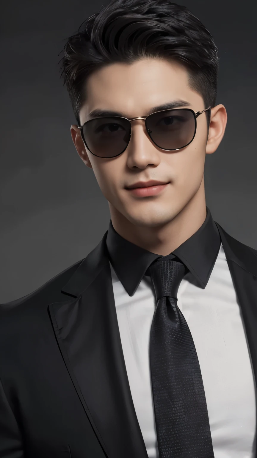 (Men)), (head shot), (front view), (half body view), (Handsome muscular man in his 30s wearing black pilot sunglasses, and luxury black suit), zi wang (Prince chiu), Mischievous smile, (detail: 1 in 1), Natural muscles, HIG quality, beautiful eyes, (Detailed face and eyes), (Face、: 1 / 2), fresh lips, Noise, Real Photographics, ... ...................................................................................................PSD, Sharp Focus, High resolution (8K), realistic & Professional Photography, 8K UHD, Soft lighting, High quality, Film grain, FujifilmXT3