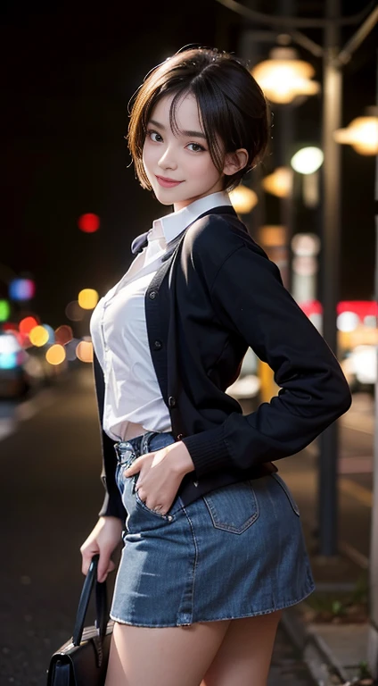 reality, 1 girl, short hair, glowing eyes, eyes visible through hair, school outfit, skirt, parted lips, blush, night, in the night city, bokeh, particles, glowing light, edge light,
