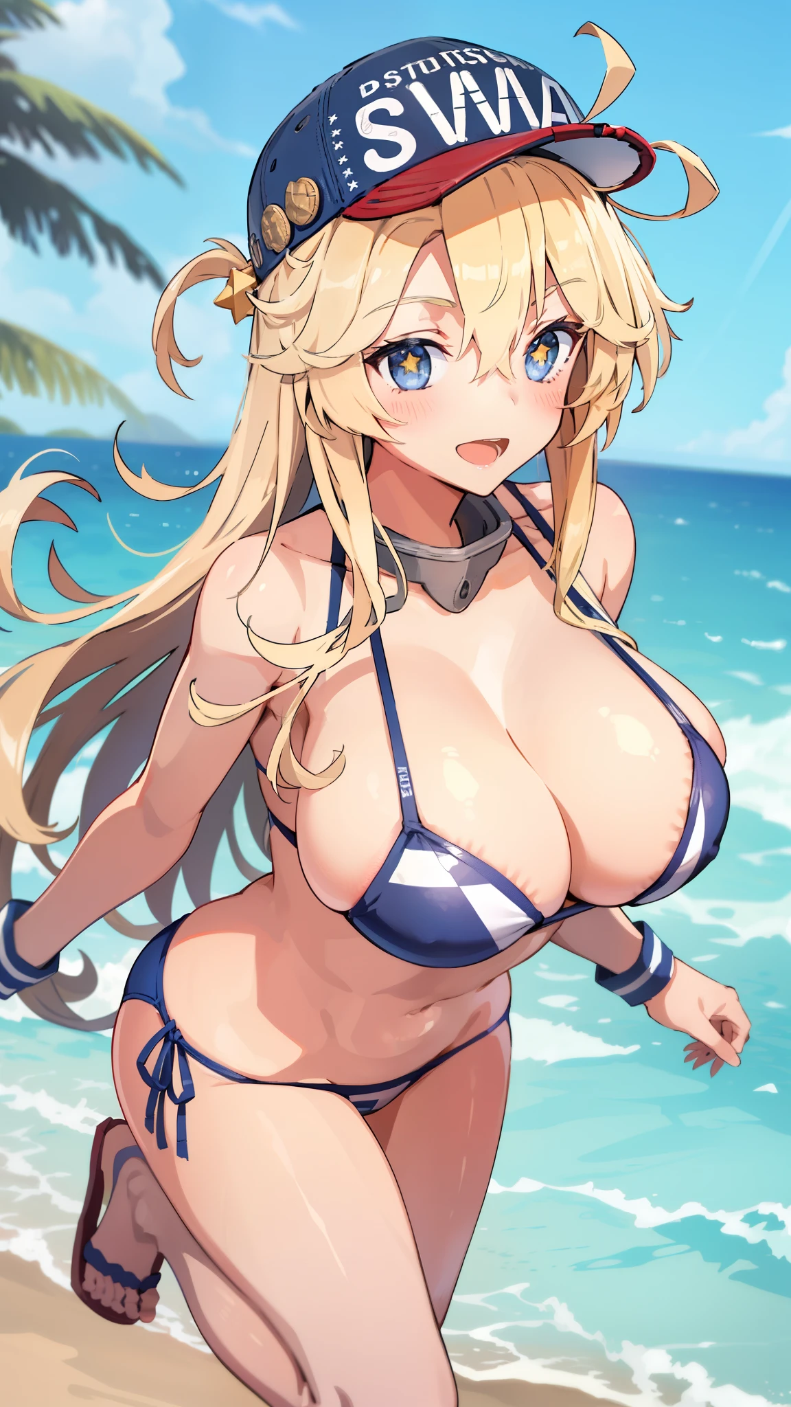 masterpiece, highest quality, High resolution, One girl, alone,
Iowa \(Kantai Collection\), Iowabikini, Baseball cap, Alternative costume, 
Alternative hairstyle, Ahoge, blue eyes, (Star-shaped pupils:1.2),blue eyes, 
chest,large cleavage, clavicle,  large chest, Long Hair, Star hair ornament, 
bikini, striped bikini,  Wristband, Sandals,beach,.huge breasts,open mouth,smile