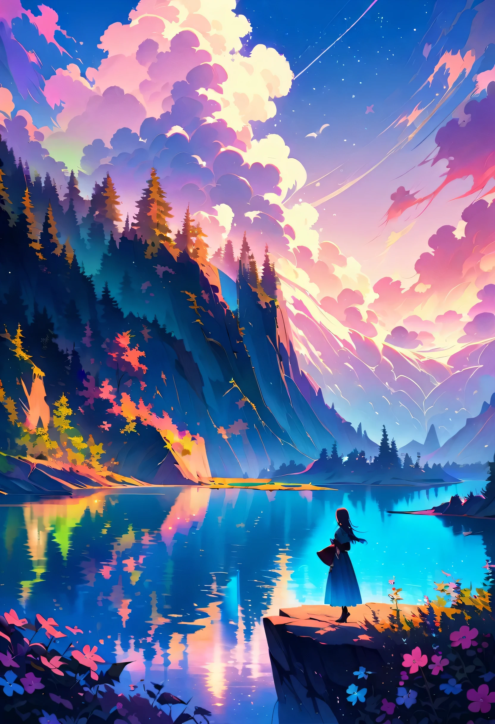 Photos that capture the essence of the magical world of dreams. A magnificent and legendary cliff jutting out over a beautiful lake, Surreal and vibrant colors illuminate the reflection.. The atmosphere is otherworldly, The soft evening light casts a fantastic shadow. This image exudes depth and mystery., It&#39;s as if the viewer is transported to another dimension., Create beautiful and memorable compositions. Shot with Canon EosIII Zeiss 120mm wide