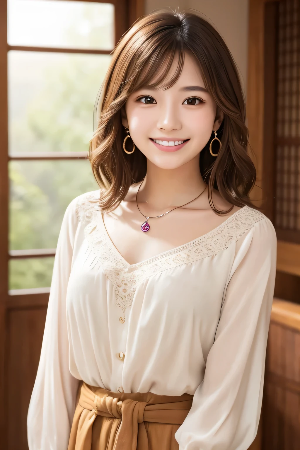 19Young Woman of Age、 Japanese women、Light brown hair、Wavy Hair、short hair、ear piercing、Necklace around the neck、blouse、smile, Beautiful teeth alignment、Intricate details, Very detailed:1.2), 、 Looking into the camera,The background is in the room
