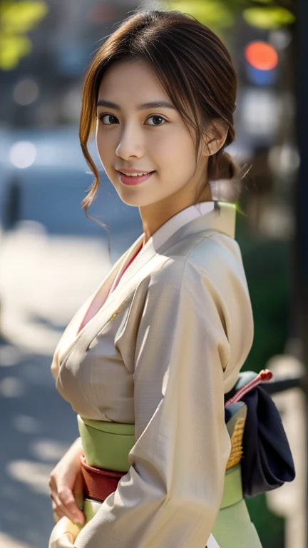  looking at viewer, Full body , standing, from front view,  .,  on road, Japanese Girls ,(20-year-old),(Detailed face, Beautiful Eyes, chignon ,Light brown  hair, Faint lips, little smile), (Middle chest, Slender Hoist, Middle Hip, Little public hair),(Japanese kimono:1.3) , Setter、  on road, Tokyo city,  (masterpiece, highest quality, High resolution, Photo realistic, sharp, RAW Photos, 8k wallpaper, perfection, Professional Lighting, Very detailed),
