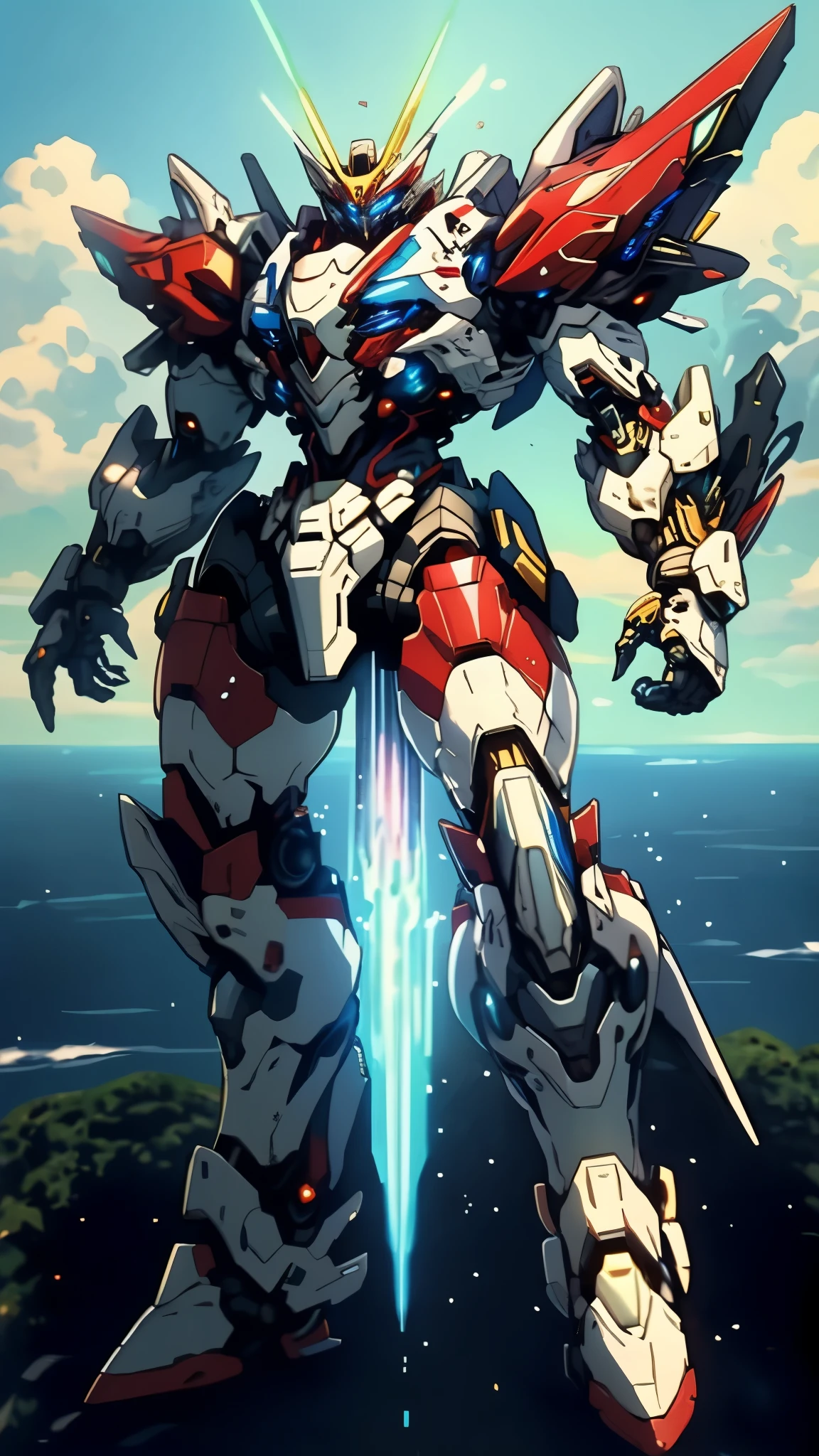 Humanoid Mecha, fully enclosed shoulder guards, matching arm and leg guards, full body, full armor, the design balances heavy with agility, (the color scheme is primarily white with red and blue accents, the concept Inspired by Super robot, organic biotech armor, standing, floating high above the futuristic sci-fi city), exquisite and mature art style, (aura effect, energy, glowing eyes, the armor glows), ((SRS)), metallic, dynamic, dramatic, high definition, best quality, highres, ultra-detailed, ultra-fine painting, extremely delicate, professional, perfect body proportions, anatomically correct, symmetrical face, extremely detailed eyes and face, high quality eyes, creativity, RAW photo, UHD, 32k, Natural light, cinematic lighting, masterpiece-anatomy-perfect, masterpiece:1.5