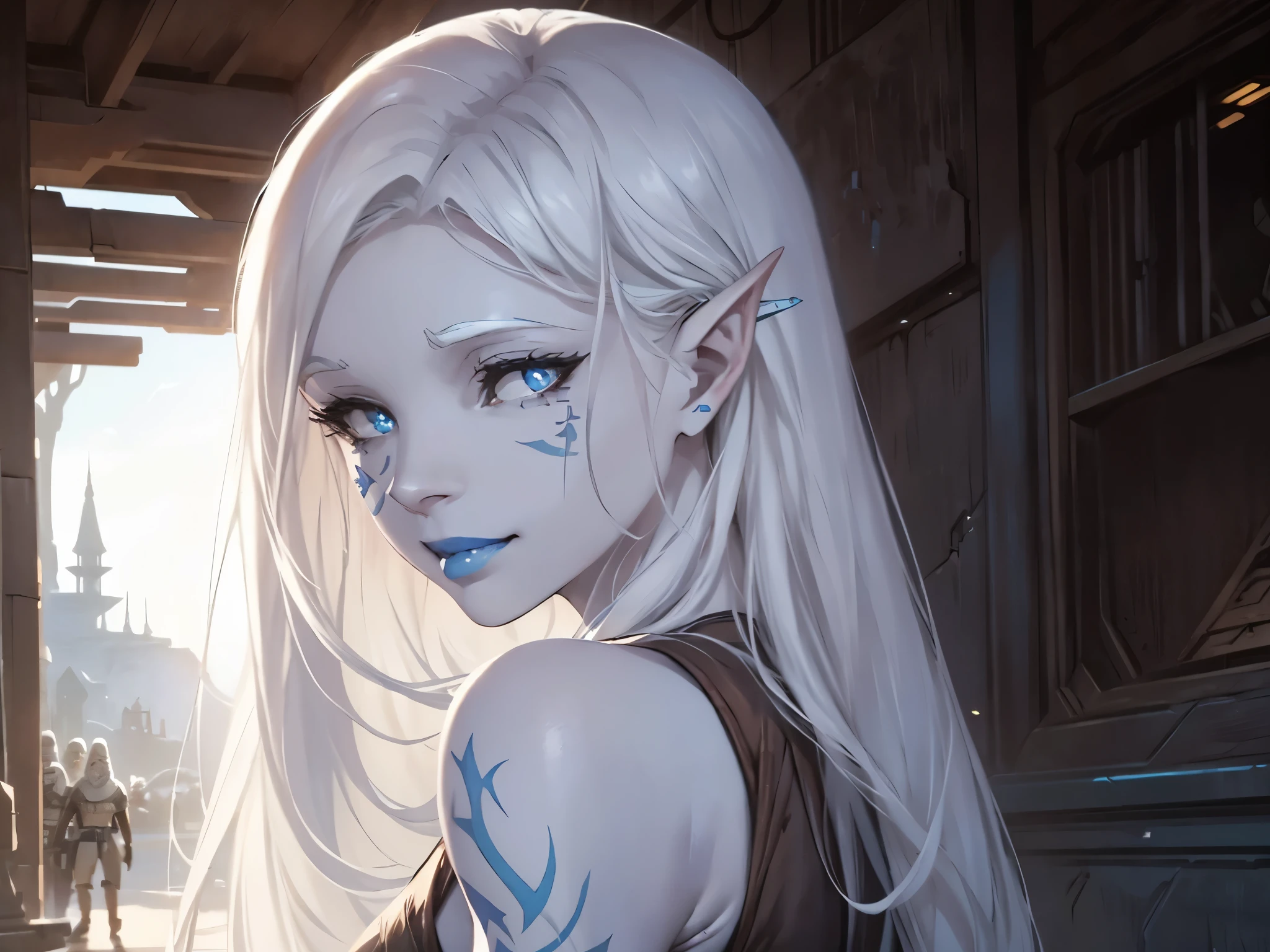 jarael, pale white skin, long white hair, ((blue lips)), medium breasts, cute smile, beautiful eyes, cheek tattoos, walking in a marketplace, star wars