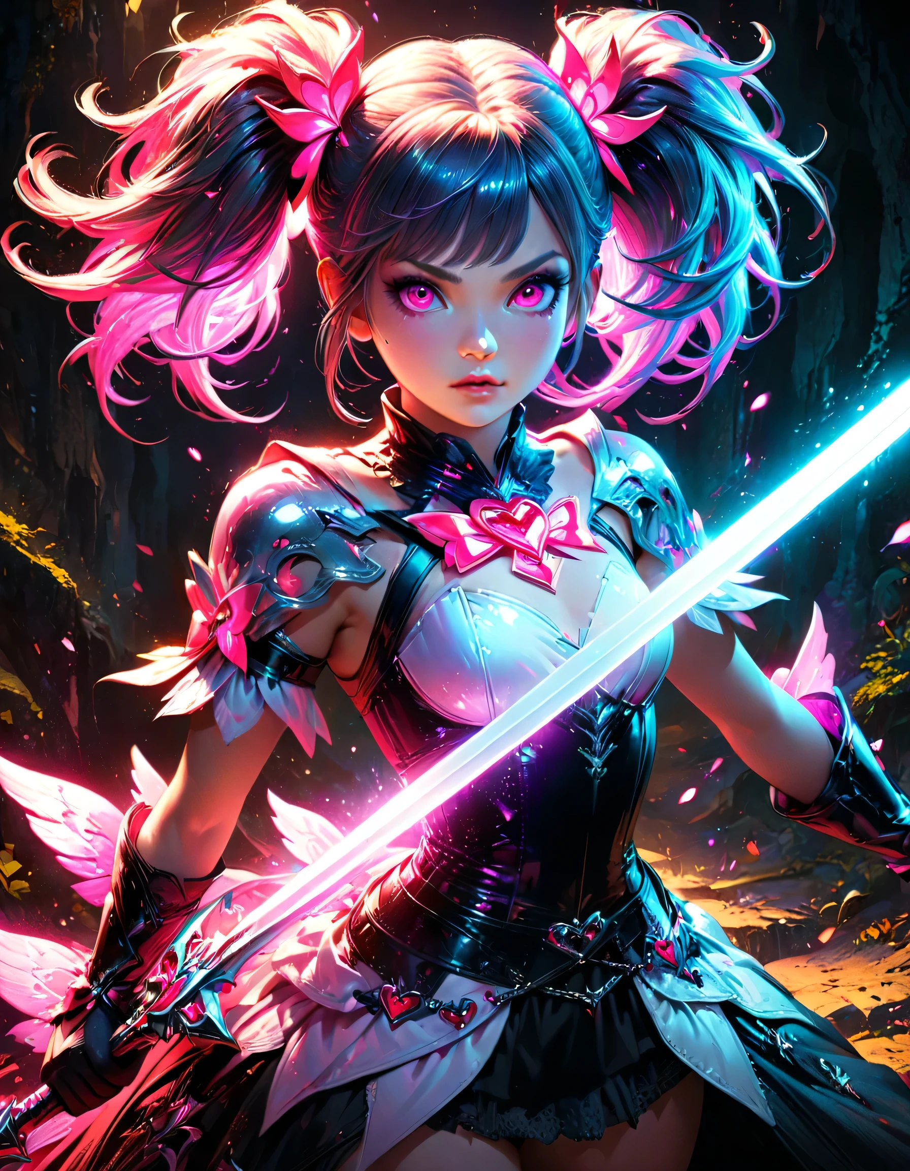 (highest quality), Fantasy illustration art, Shiny colorful lighting, Big sword, Magical girl, Gothic, Twin tails, Realistic, Super detailed, High resolution, anime,  Glowing neon color palette, 