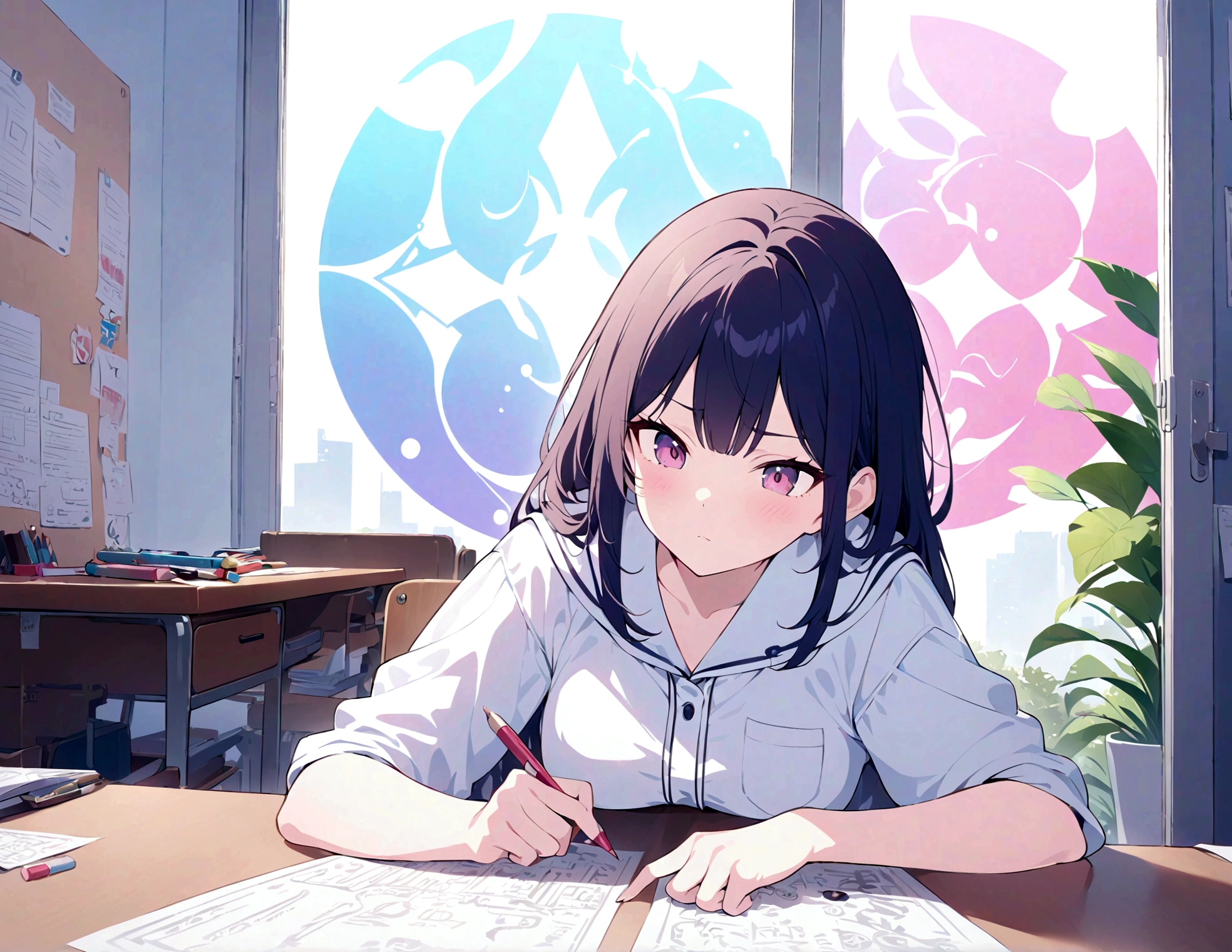 One -yeld fee taking a paper test,focus on girls,She is a quiet and smart-looking cute girl.,A woman is sitting in a chair in front of a desk with a paper test on it.,There are pencils and erasers on the desk.,The girl is working on a paper test with a serious expression,The woman looks calm, but she is actually confused.,Draw an abstract background to show confusion,(Places "?" and distorted alphabets in the background),(masterpiece:1.3),(highest quality:1.4),(ultra detailed:1.5),High resolution,extremely detailed,unity 8k wallpaper,An illustration