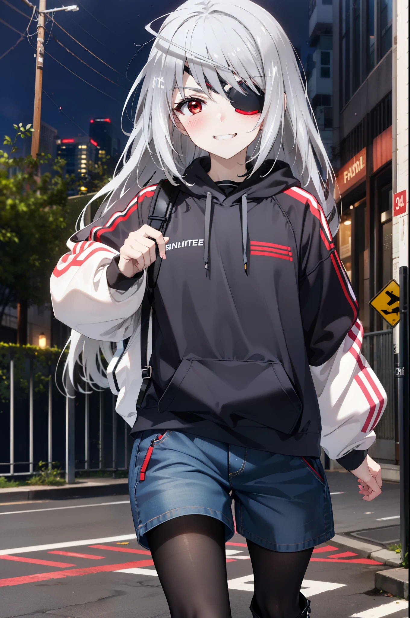 Laurabodewig, Laura Bodewig, Long Hair, (Red eyes:1.3), Grey Hair, Eye patch,smile,blush,Grin,Oversized black hoodie,Short denim,Black pantyhose,short boots,Daytime,Clear skies,Walking,whole body,
break outdoors, Building district,
break looking at viewer, whole body,
break (masterpiece:1.2), highest quality, High resolution, unity 8k wallpaper, (figure:0.8), (Beautiful fine details:1.6), Highly detailed face, Perfect lighting, Highly detailed CG, (Perfect hands, Perfect Anatomy),