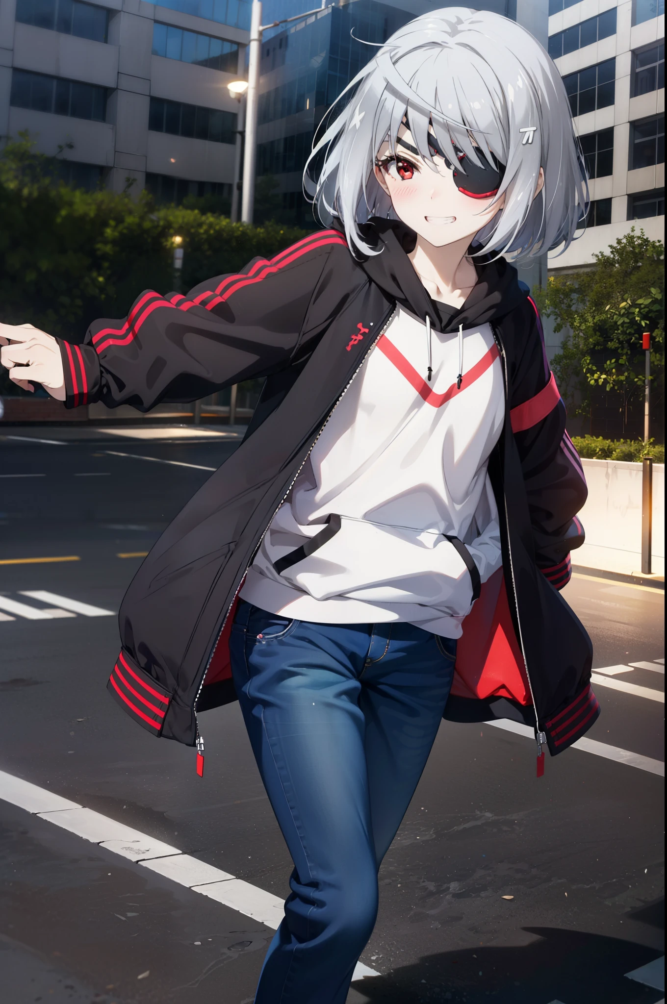 Laurabodewig, Laura Bodewig, Long Hair, (Red eyes:1.3), Grey Hair, Eye patch,smile,blush,Grin,Oversized black hoodie,Short denim,Black pantyhose,short boots,Daytime,Clear skies,Walking,whole body,
break outdoors, Building district,
break looking at viewer, whole body,
break (masterpiece:1.2), highest quality, High resolution, unity 8k wallpaper, (figure:0.8), (Beautiful fine details:1.6), Highly detailed face, Perfect lighting, Highly detailed CG, (Perfect hands, Perfect Anatomy),