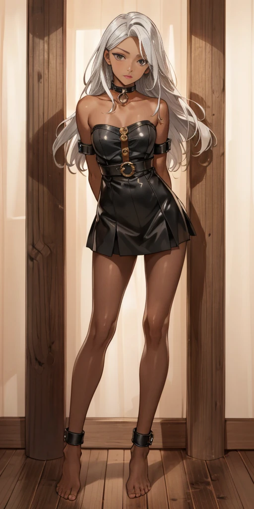 (Masterpiece, best quality, intricate details, 1sologirl) iron collar, arms behind back, iron cuffs, shackles, leather collar choker neck bell, bound ((standing by wooden pole:1.2)) ((female Black Dark skin Gyaru)) show entire body frontal position, feet in view, realistic, gorgeous 16y.o. darkest skinned mixed race female, black African, transparent black pantyhose, legs open, museum,barefoot no shoes, looking to viewer straight symmetrical, white silver long hair