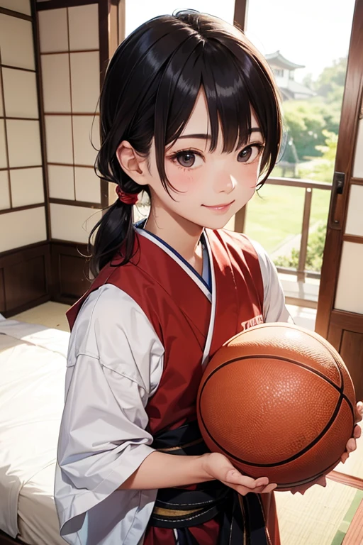 The smiled,Holding a basketball, Being in the room side eye view, Japanese-style room、boy、父親を見上げるboy