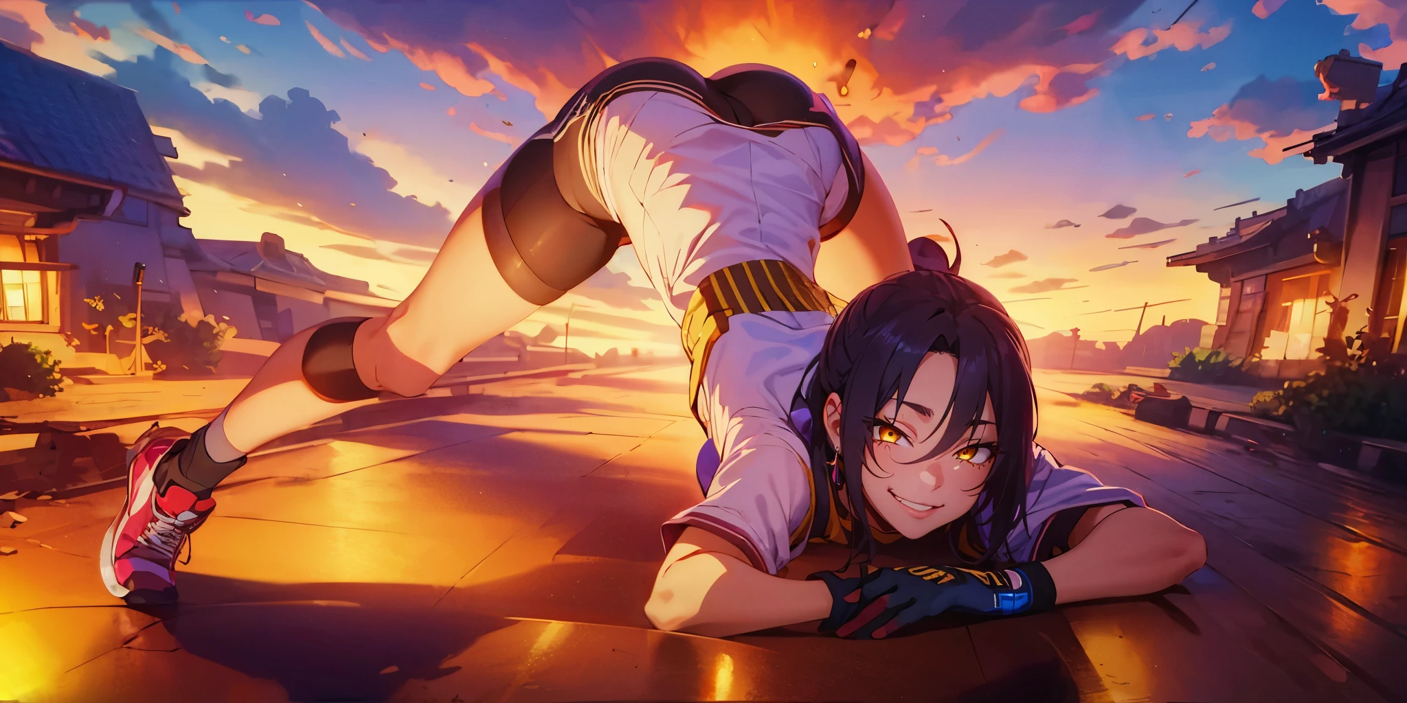 black hair, long hair, forehead, golden eyes, (shaded face:1.2), hollow eyes, blue eyes, looking at viewer, heavy breathing, reflective floor, cloudy sky, dusk, smirk, uppert teeth, long hair, black hair, blue eyes, trembling, 1girl, bike_shorts, ass, solo, sneakers, full_body,  shoes, socks, stretch, gloves, top-down_bottom-up, looking_at_viewer, ponytail, /\/\/\, motion_lines, bent_over, white_shirt, shirt, smile, torn, huge breasts, (shaded face:1.2), hollow eyes, ringed eyes, yellow eyes, looking at viewer, heavy breathing, seductive smile, lips, "Photorealistic, Hyperrealistic, Hyperdetailed, analog style, soft lighting, subsurface scattering, realistic, heavy shadow, masterpiece, best quality, ultra realistic, 8k, golden ratio, Intricate, High Detail, film photography, soft focus"