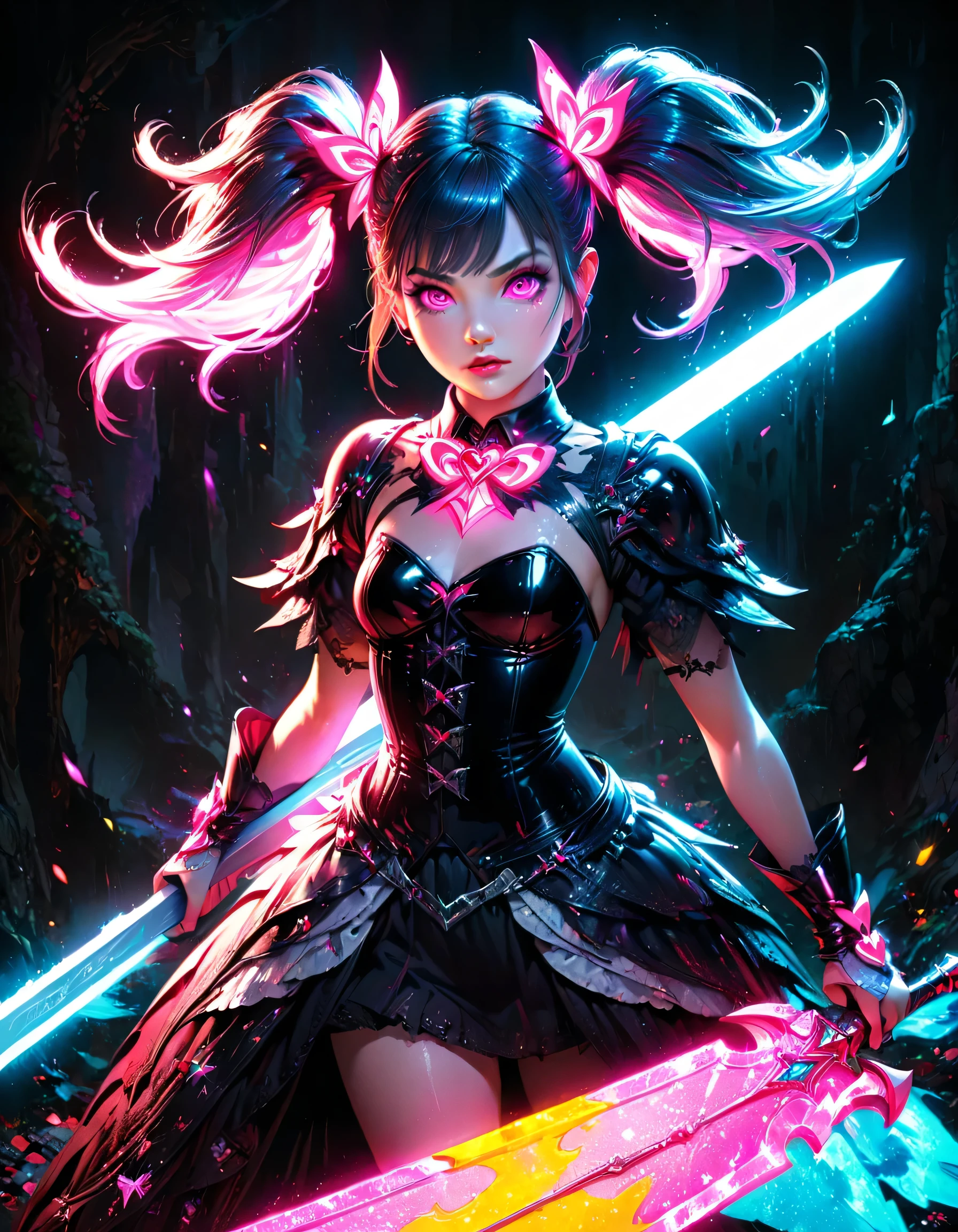 (highest quality), Fantasy illustration art, Shiny colorful lighting, Big sword, Magical girl, Gothic, Twin tails, Realistic, Super detailed, High resolution, anime, Glowing neon color palette,