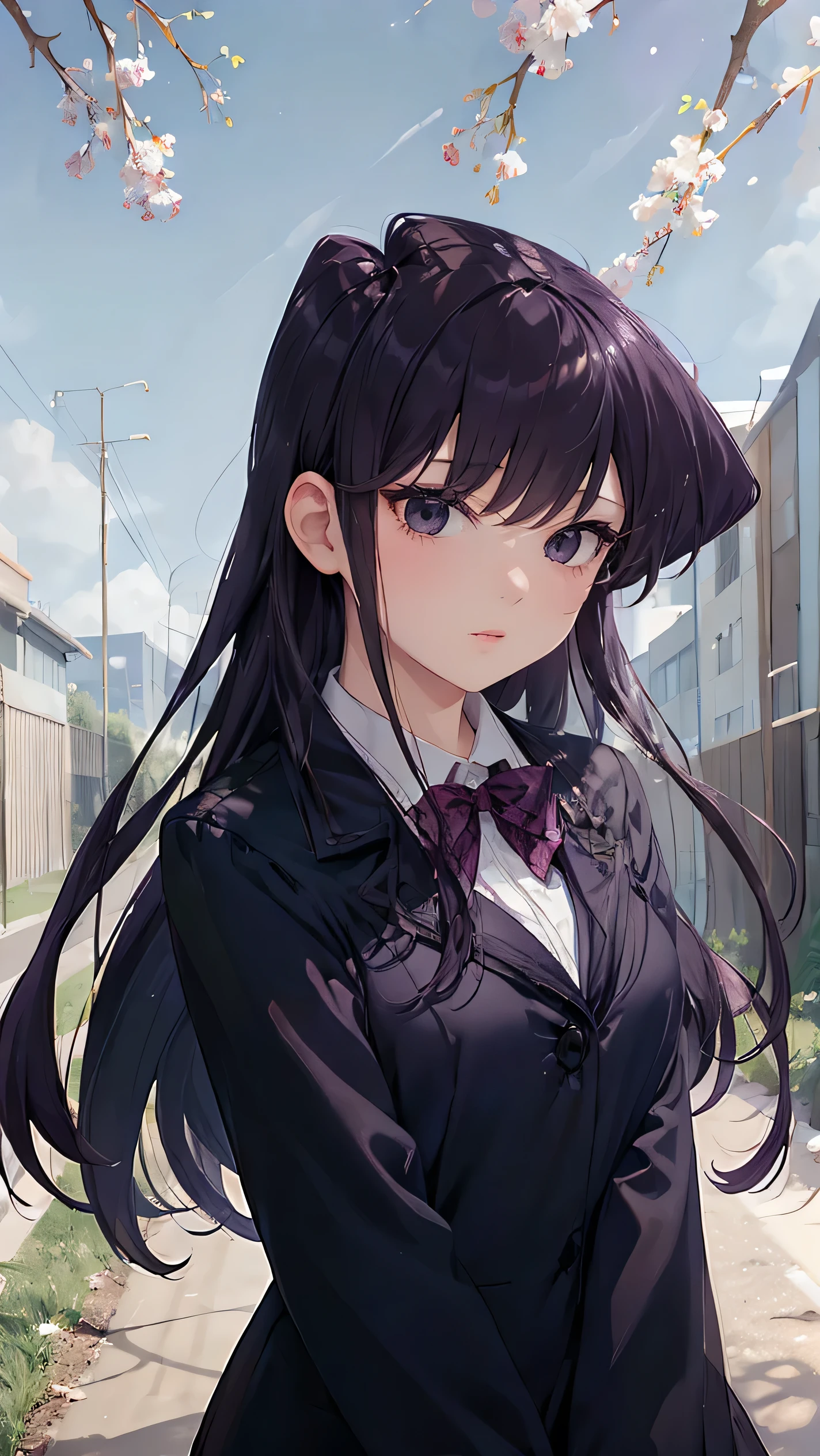 komi shouko, 1girl, absurdres, bangs, purple eyes, purple hair, day, highres, komi-san wa komyushou desu, long hair, looking up, outdoors, portrait, solo, upper body