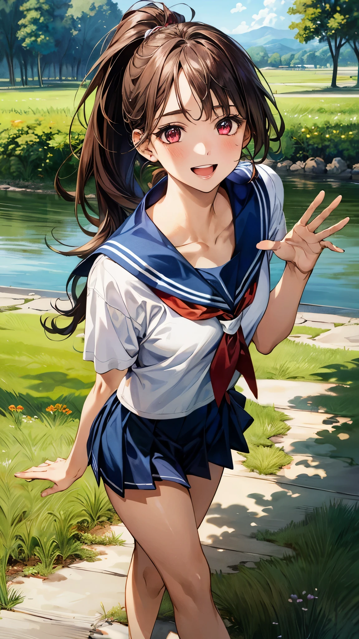 (masterpiece:1.3, top-quality, ultra high res, ultra detailed), (realistic, photorealistic:1.3), beautiful illustration, perfect lighting, natural lighting, colorful, depth of fields, ,
beautiful detailed hair, beautiful detailed face, beautiful detailed eyes, beautiful clavicle, beautiful body, beautiful chest, beautiful thigh, beautiful legs, beautiful fingers, shiny skin,
looking at viewer, 1 girl, high school girl, (perfect anatomy, anatomically correct, super detailed skin), cute and symmetrical face, face, perfect face, perfect eyes, perfect body,
(middle hair, low ponytail, sideburns, carrot hair), swept bangs, maroon eyes, drooping eyes, big eyes, long eyelashes, (small breasts, seductive thighs), slender,
(detailed cloth texture), short sleeve, blue sailor suit, pleated skirt, red sailor scarf, school bug, bare arms,
(beautiful scenery), summer, late afternoon, (riverside:1.2, grass), walking, (waving), (smile, half-open mouth),