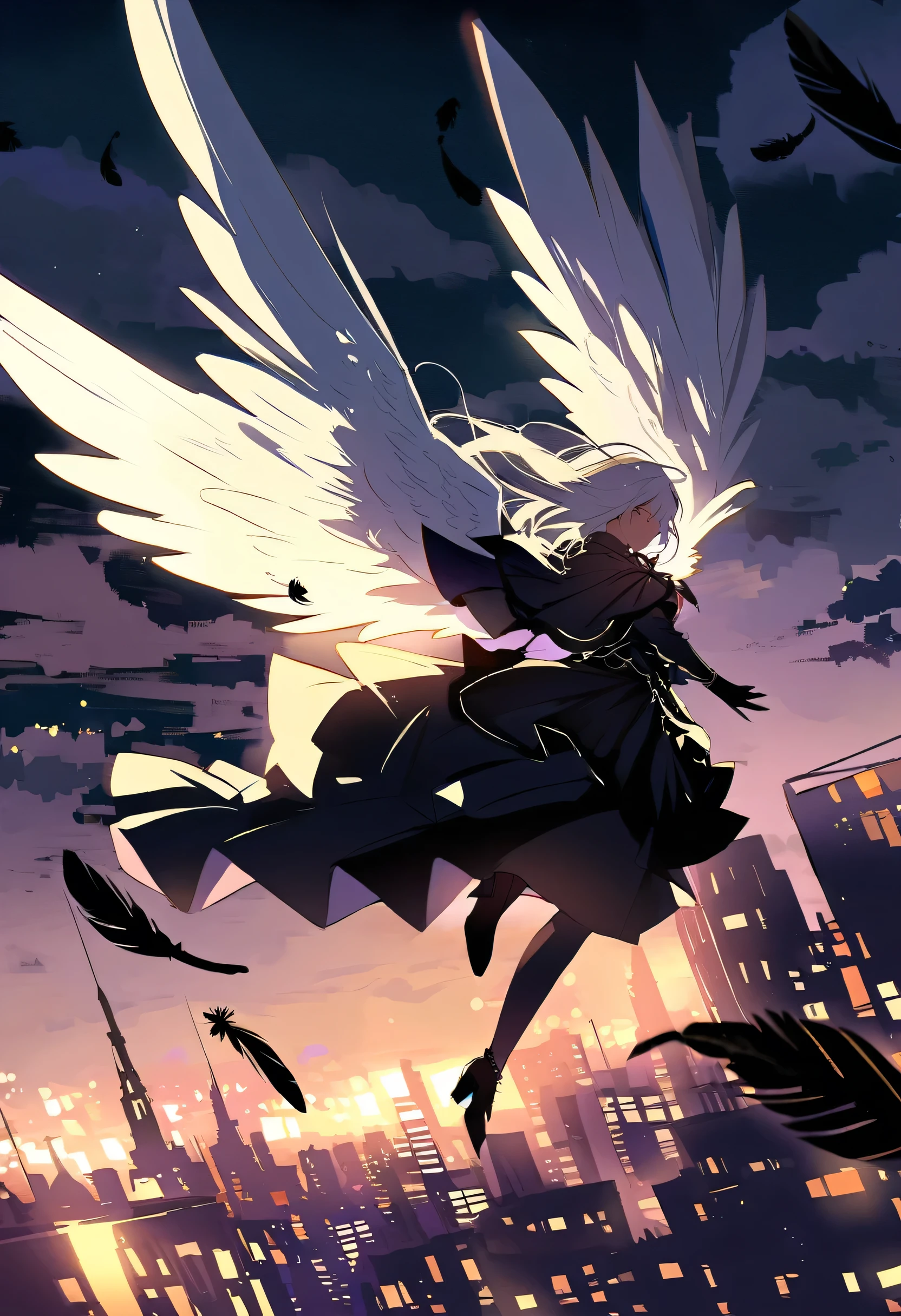The image depicts a female angel floating above a city at night.。. The city lights shine golden、Create a dramatic atmosphere, Its delicate presence and black feathers contrast with the urban environment.。. Women seem protective and cautious.