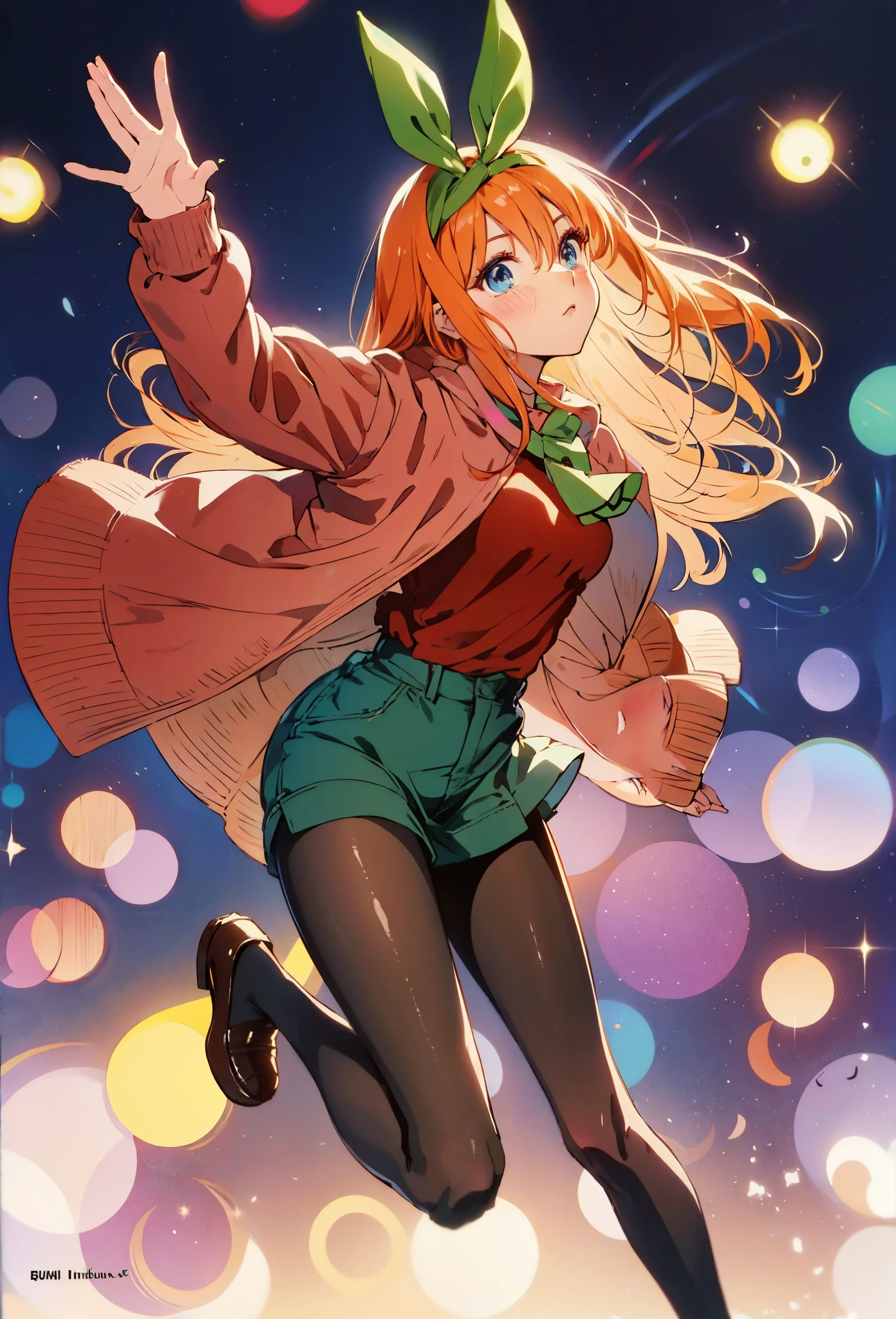 yotsuba Nakano, Official art、Beautifully Aesthetic:1.2)、patterns、Hair spreads throughout、4k, excellent quality, Ultra Detail, Soft Light, Deep Focus Bokeh, Ray Tracing, --niji 5. Nakano yotsuba from the quintessential quintuplets, yotsubba Nakano, short orange hair, blue eyes, nakano_yotsuba, iridescent, green ribbon,, splendid, iridescent, dynamic pose, moving, excellent character design, full body pose, full body, full body shot, perfect face, neat, clean, perfect definition aamiku,long hair,bangs,hair between eyes,pantyhose,black, (Casual Outfit), ()pantyhose,loafers,