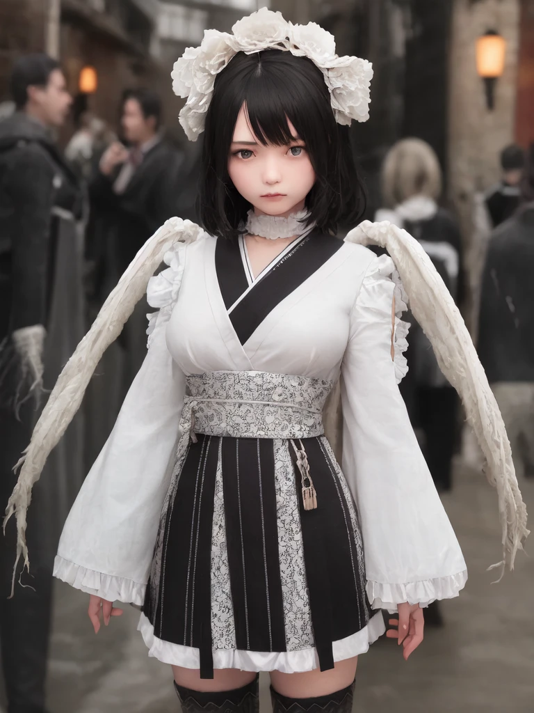 1girl、Standing in front of the viewer、vtuber-fullbody、(masterpiece, highest quality, Intricate details, Ultra-detailed, Very detailed), SF, future, cyber punk, One girl, alone, Cowboy Shot, Milky hair color, Gloves, short hair, Frills, kimono, Hair Flowers, Long Wide Sleeve, kimono, Knee-high boots, zettai ryouiki, universe柄プリント, skirt, Removable sleeves, adjusting 、White simple background、universe、Milky Way、流star群、star、★、