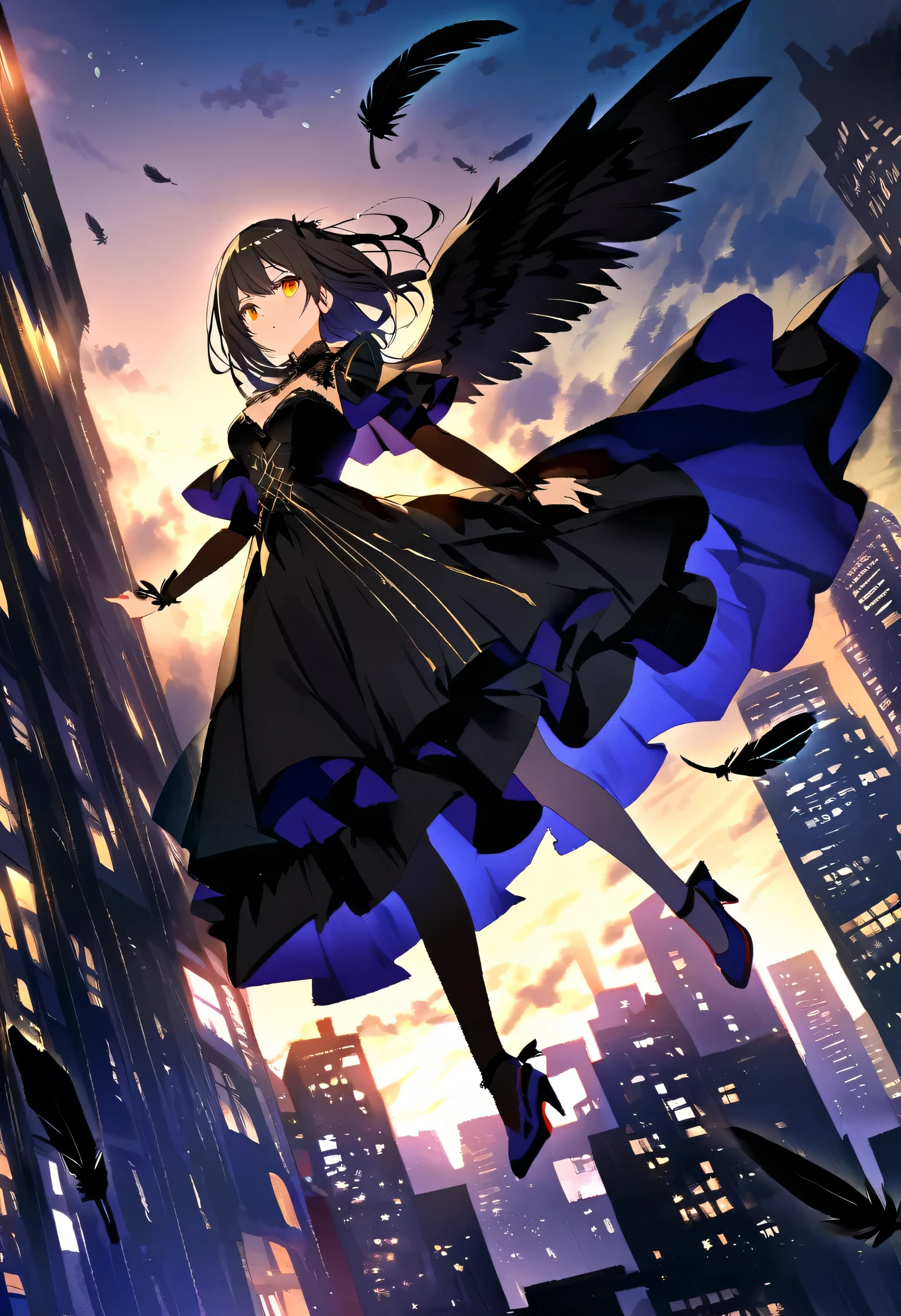 The image depicts a female angel floating above a city at night.。. The city lights shine golden、Create a dramatic atmosphere, Its delicate presence and black feathers contrast with the urban environment.。. Women seem protective and cautious.