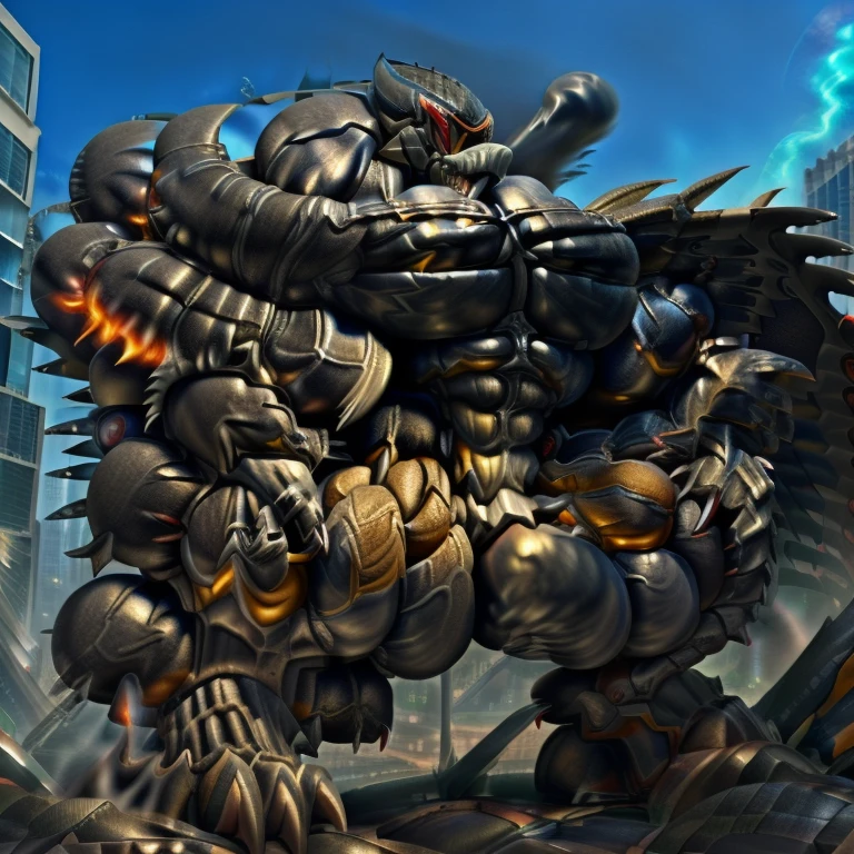 (demon lord dragon batzz. masterpiece. official art. 8k. best quality. detailed full body. full body.)
(situation 1 : dominating BATZZ. BATZZ is over 1000 meters long. giant mechanical Muscular BATZZ is trampling the city. Looking down. macro. stomp)
(situation 2 :smoke and flames rising from the destruction in the city)
(Additional details 1: Its nanosut emphasizes the muscles. wearing crNanosuit. nanosuit. creating crNanosuit. black visor. wearing a full-face helmet. a fantasy-style biomecha armored combat suit. composite layered chest armor. fully enclosed shoulder guards. hero in anime style. perfect body proportions. golden ratio)
(Additional details 2: (Detailed head. Detailed Body. Detailed abs. gigantic muscles. HYPER MUSCLES. Gigachad Muscular. big muscle. pecs. triceps. traps. unusually developed muscular body. body full of huge muscles. showing off muscles. pectorales enormes. Exaggeratedly huge muscles. huge muscles. long legs.).
(Additional details 3: Spread wings. It has wings. have big wings. black wings. The claws are sharp. Sharp teeth.).