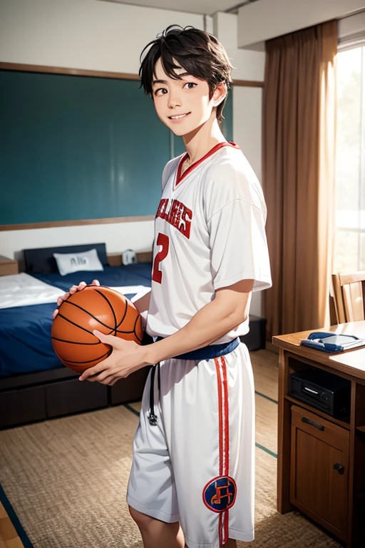 The smiled,Holding a basketball, Being in the room side eye view, room、boy、Father standing、見上げるboy