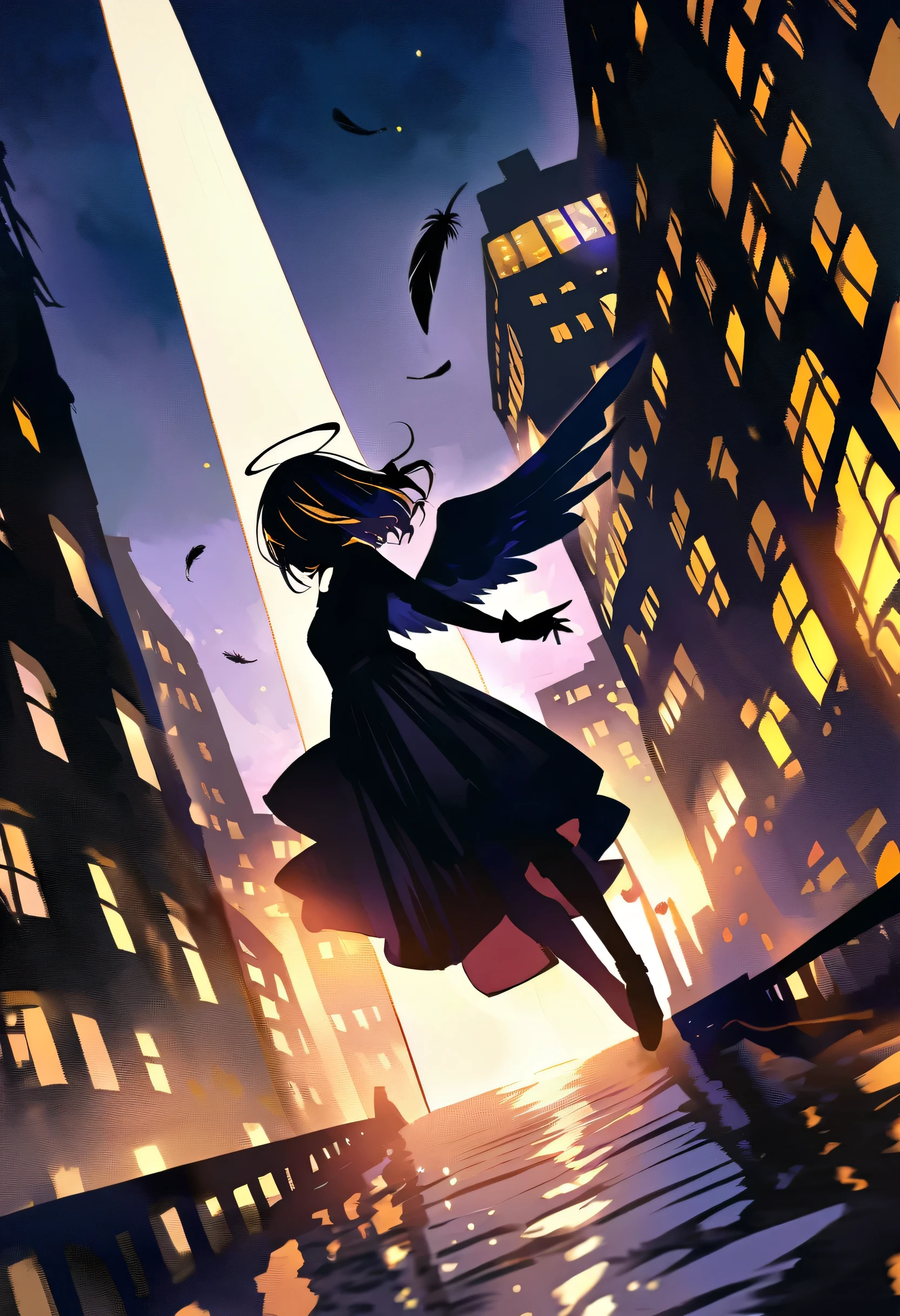 The image depicts a female angel floating above a city at night.。. The city lights shine golden、Create a dramatic atmosphere, Its delicate presence and black feathers contrast with the urban environment.。. Women seem protective and cautious.