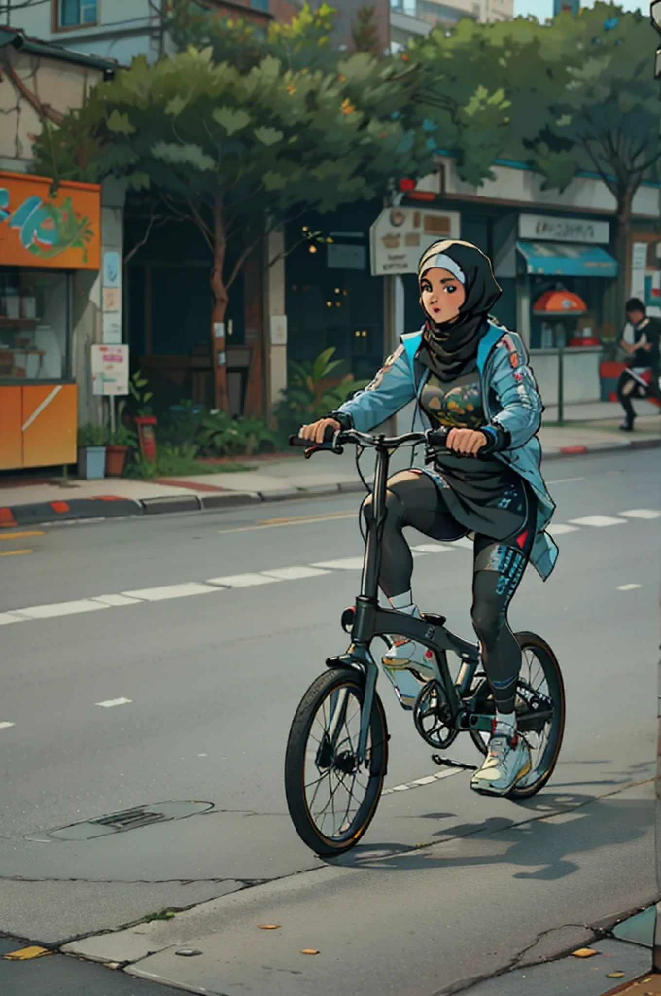 (extremely detailed CG unity 8k wallpaper), the most beautiful artwork in the world, a woman wearing hijab with running outfit,folding bike