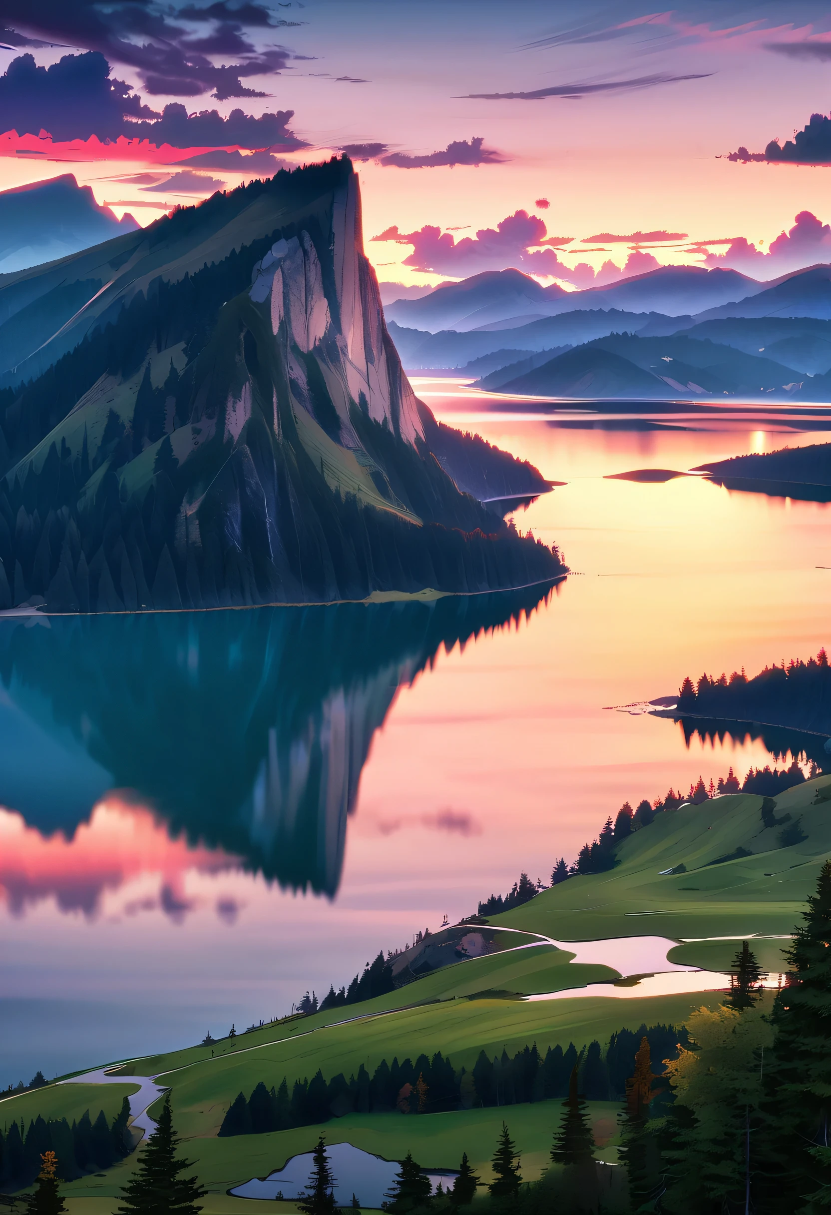 Photos that capture the essence of the magical world of dreams. A magnificent and legendary cliff jutting out over a beautiful lake, Surreal and vibrant colors illuminate the reflection.. The atmosphere is otherworldly, The soft evening light casts a fantastic shadow. This image exudes depth and mystery., It's as if the viewer is transported to another dimension., Create beautiful and memorable compositions. Shot with Canon EosIII Zeiss 120mm wide