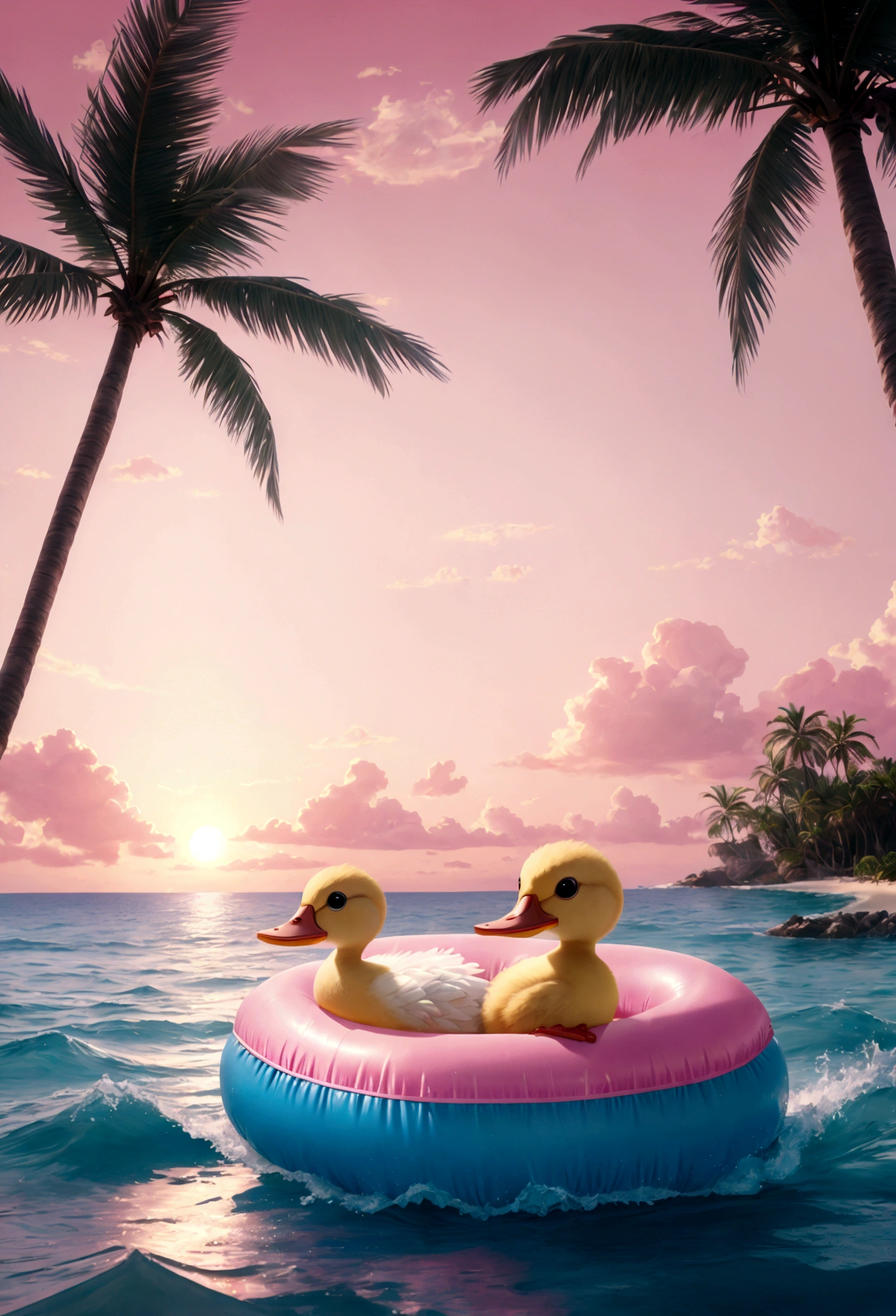 Cute duckling in an inflatable ring, Beautiful sea, Sunset in pink tones , Against the backdrop of an island with palm trees