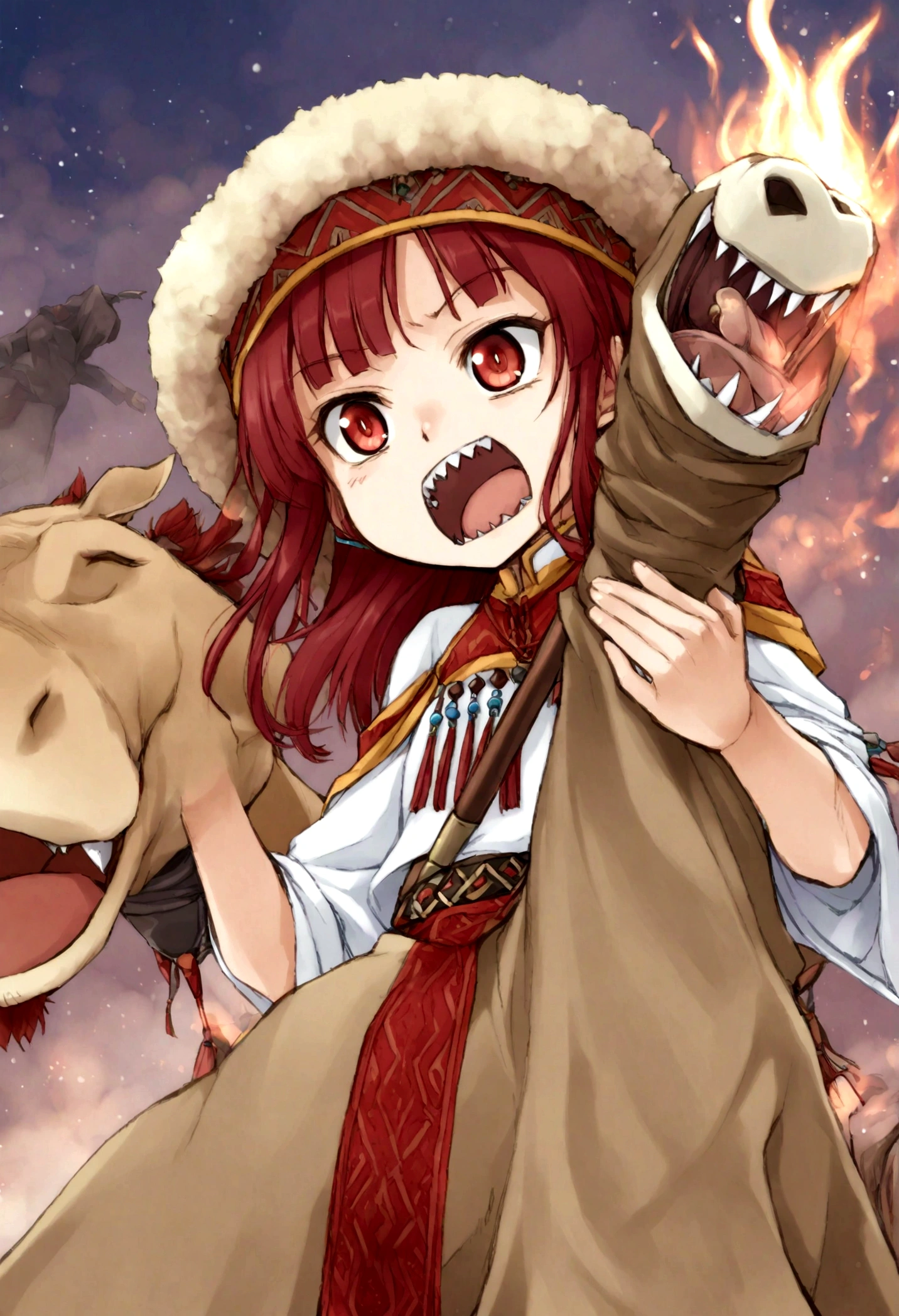 Ethnic dress of Xinjiang, nomad, holding camel，camp 2.0, Kirishima Eijiro, 1 boy, ((sharp teeth)), red hair, red eyes
