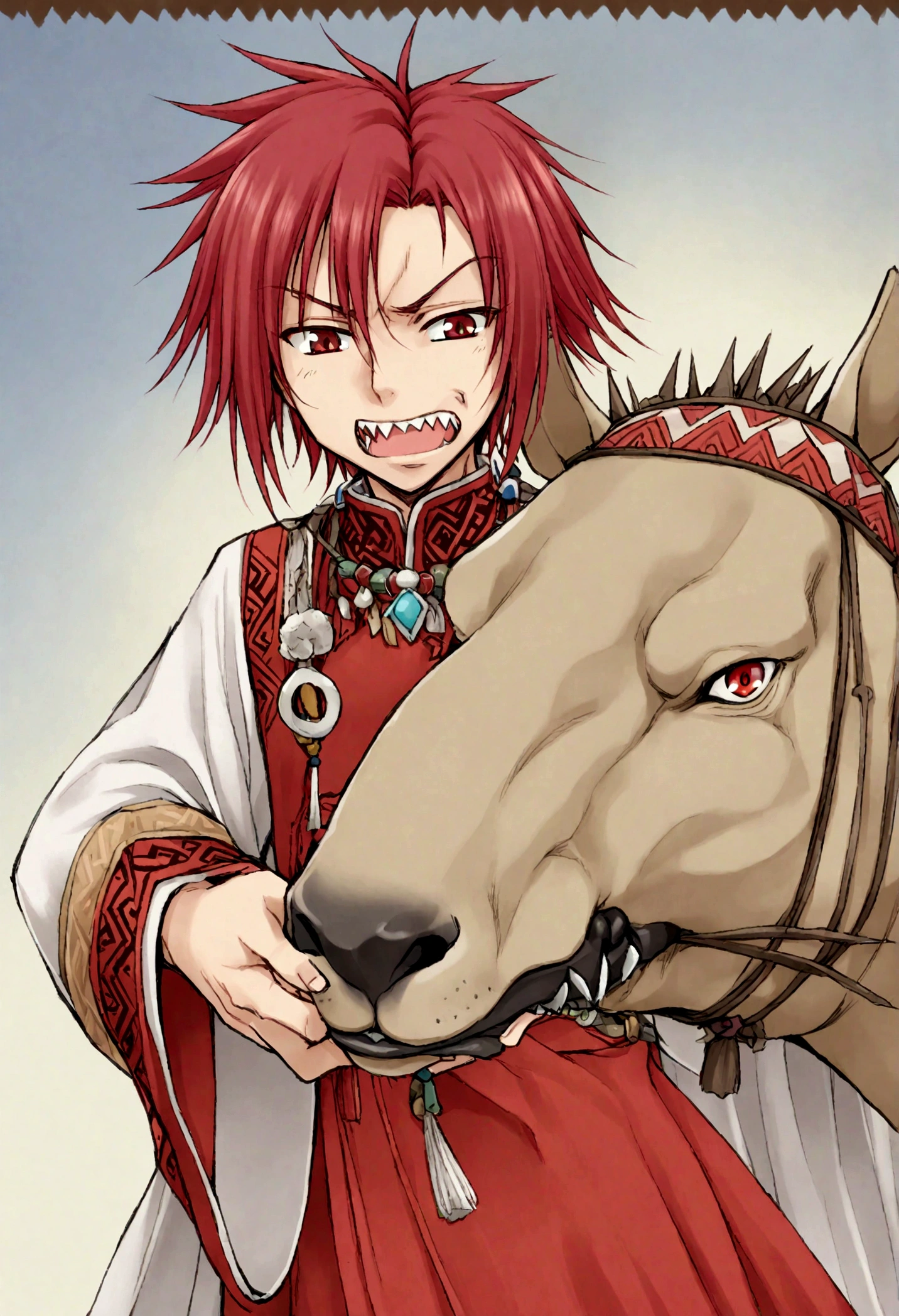 Ethnic dress of Xinjiang, nomad, holding camel，camp 2.0, Kirishima Eijiro, 1 boy, ((sharp teeth)), red hair, red eyes

