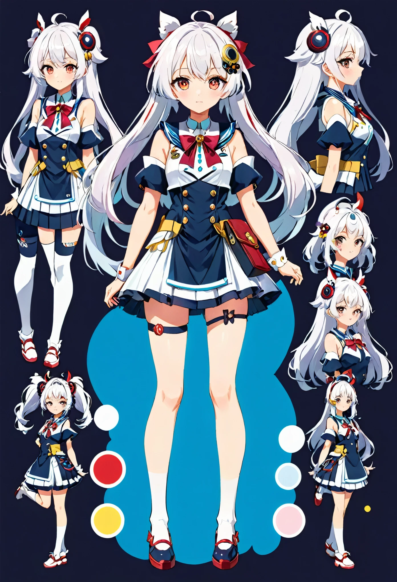 anime - style image of a character with a variety of hair and accessories, anime set style, anime character reference sheet, fantasy uniform, flat anime style, anime full body illustration, full_body!!, complete detailed body, extra detailed body, anime vtuber full body model, soft anime illustration, anime style character, clean detailed anime style,