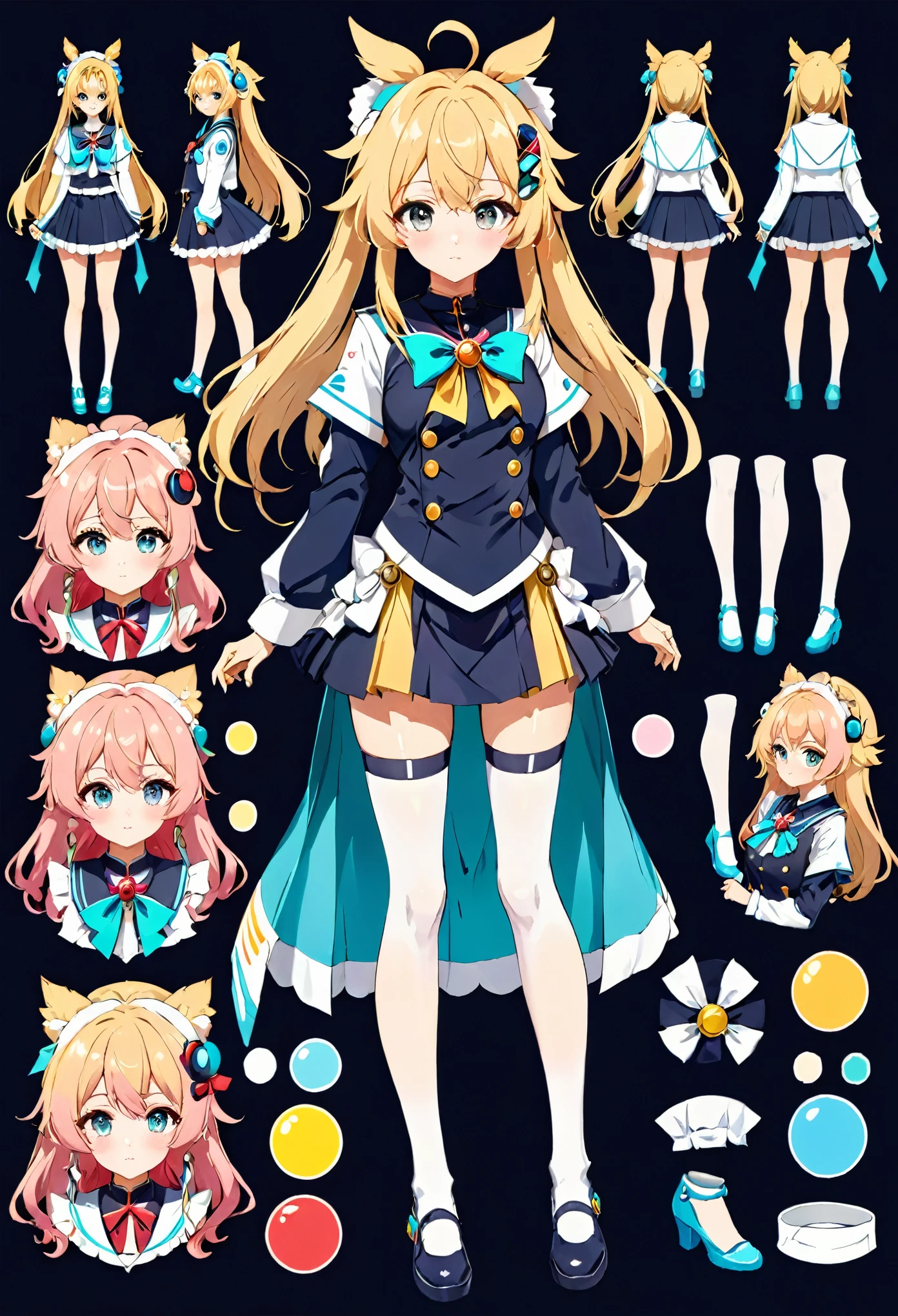 anime - style image of a character with a variety of hair and accessories, anime set style, anime character reference sheet, fantasy uniform, flat anime style, anime full body illustration, full_body!!, complete detailed body, extra detailed body, anime vtuber full body model, soft anime illustration, anime style character, clean detailed anime style,